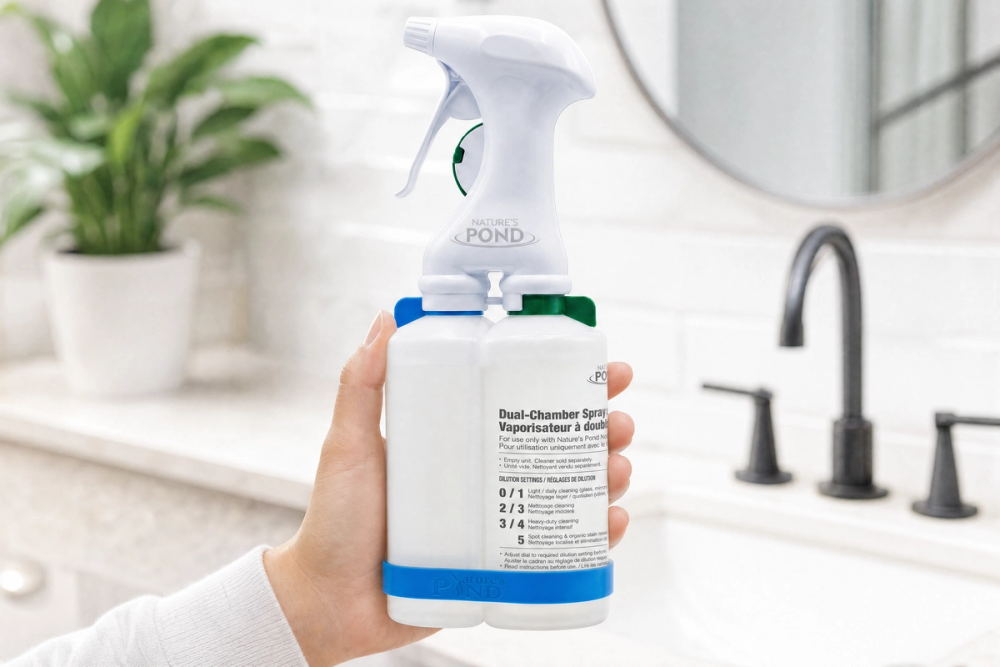 Nature’s Pond dual-chamber sprayer with water and cleaning concentrate cartridges