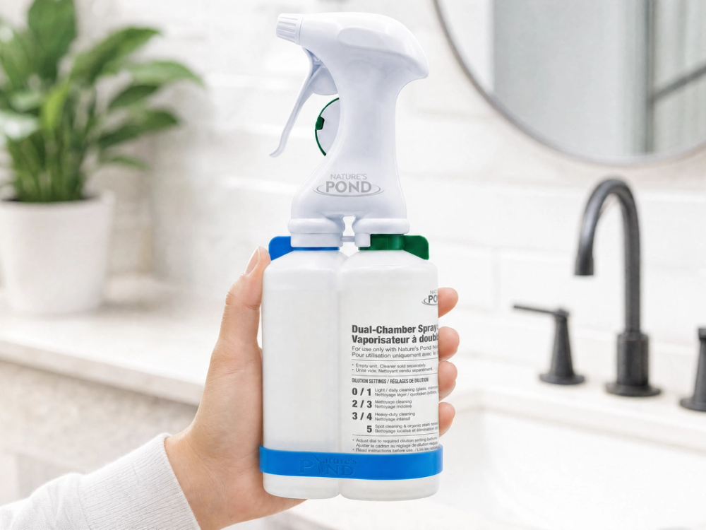 Nature’s Pond dual-chamber sprayer with water and cleaning concentrate cartridges