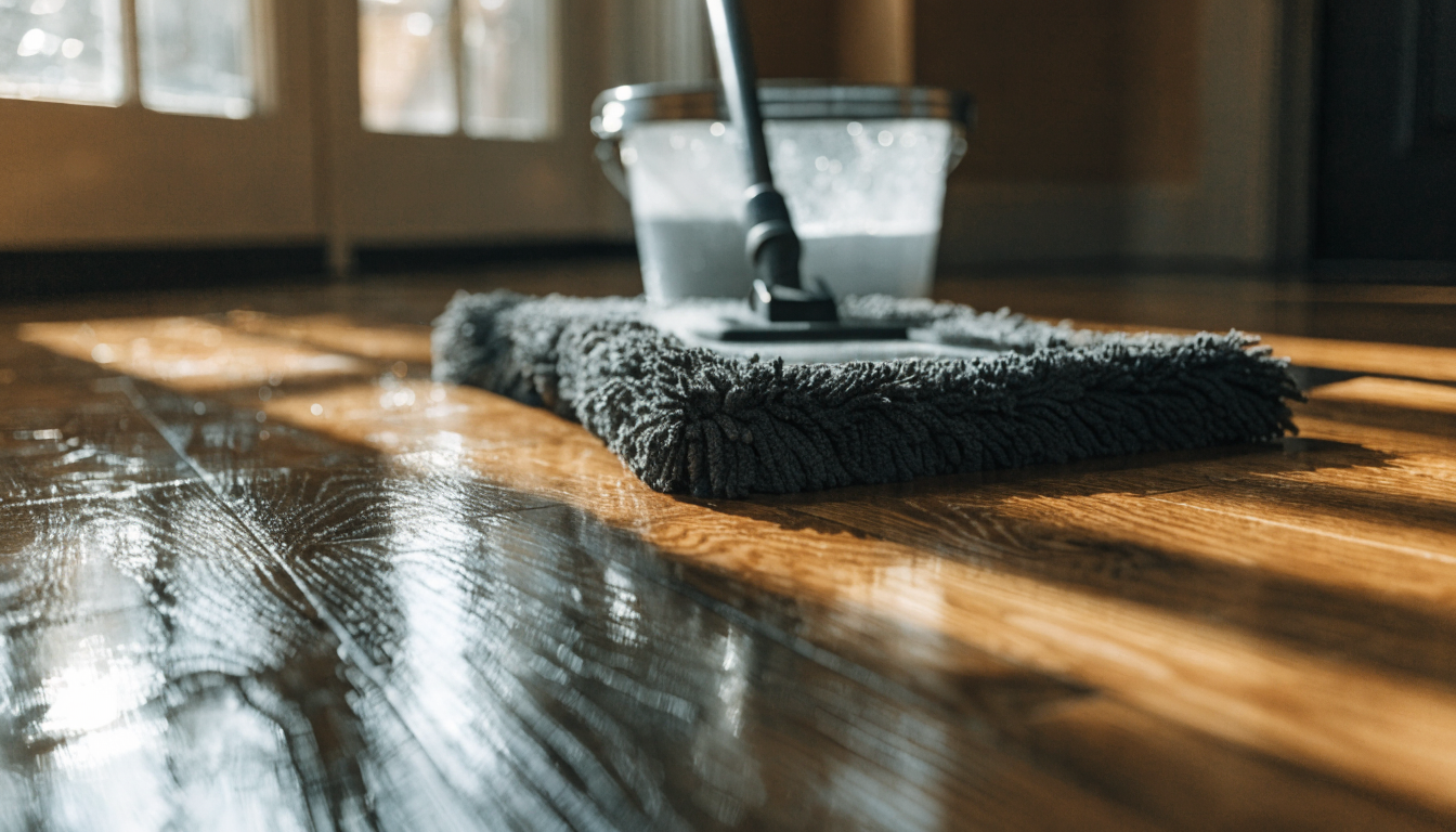 A microfiber mop gliding across a glossy hardwood floor reflecting warm sunlight, a bucket nearby.