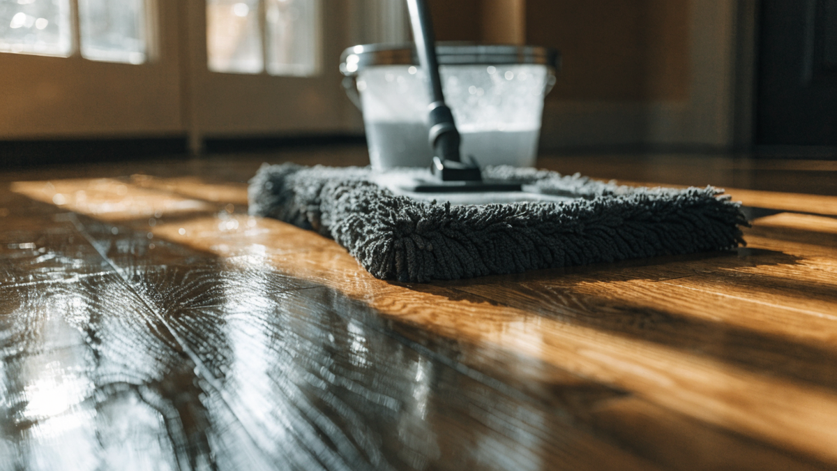 A microfiber mop gliding across a glossy hardwood floor reflecting warm sunlight, a bucket nearby.