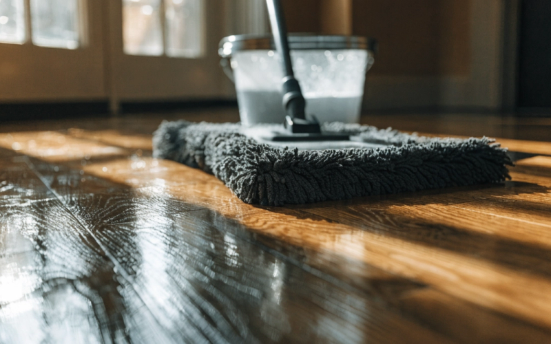 A microfiber mop gliding across a glossy hardwood floor reflecting warm sunlight, a bucket nearby.