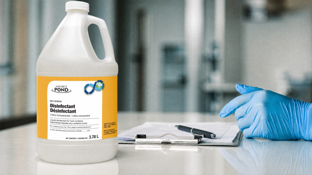 A disinfectant spray bottle beside a clipboard and pen on a clean clinical countertop, a gloved hand nearby.