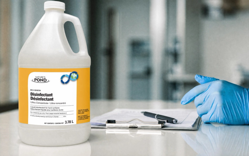 A disinfectant spray bottle beside a clipboard and pen on a clean clinical countertop, a gloved hand nearby.