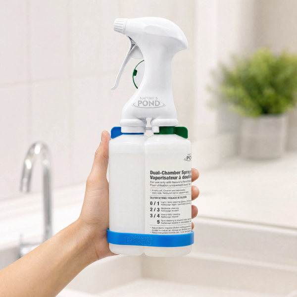 Clicking a concentrate cartridge into the Nature’s Pond dual-chamber sprayer.