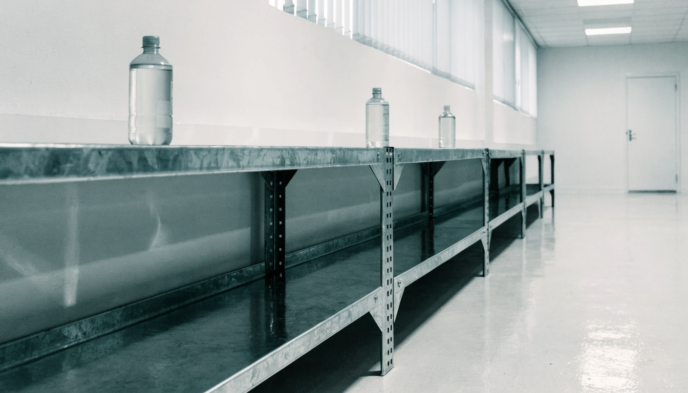 A nearly empty supply shelf holding just three cleaning bottles spaced neatly apart in a bright storeroom.