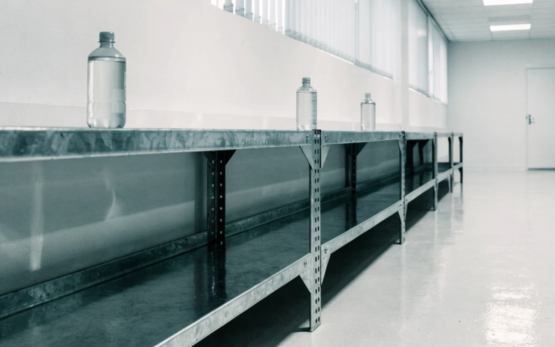 A nearly empty supply shelf holding just three cleaning bottles spaced neatly apart in a bright storeroom.