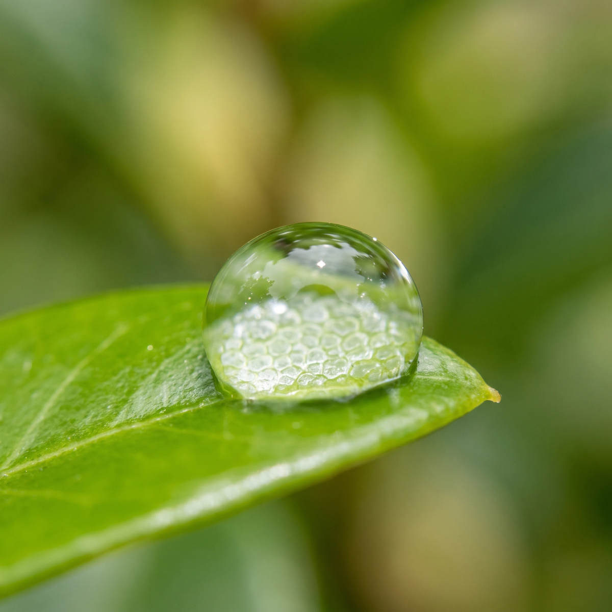 A water droplet with living structure visible inside, resting on a green leaf