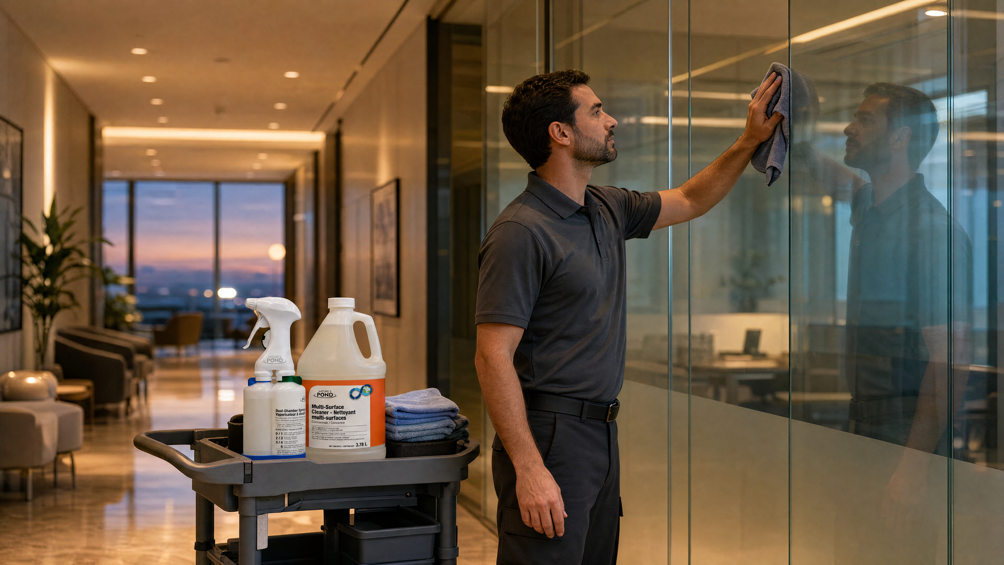 Commercial cleaner spraying and wiping a glass partition in a modern office lobby in the evening