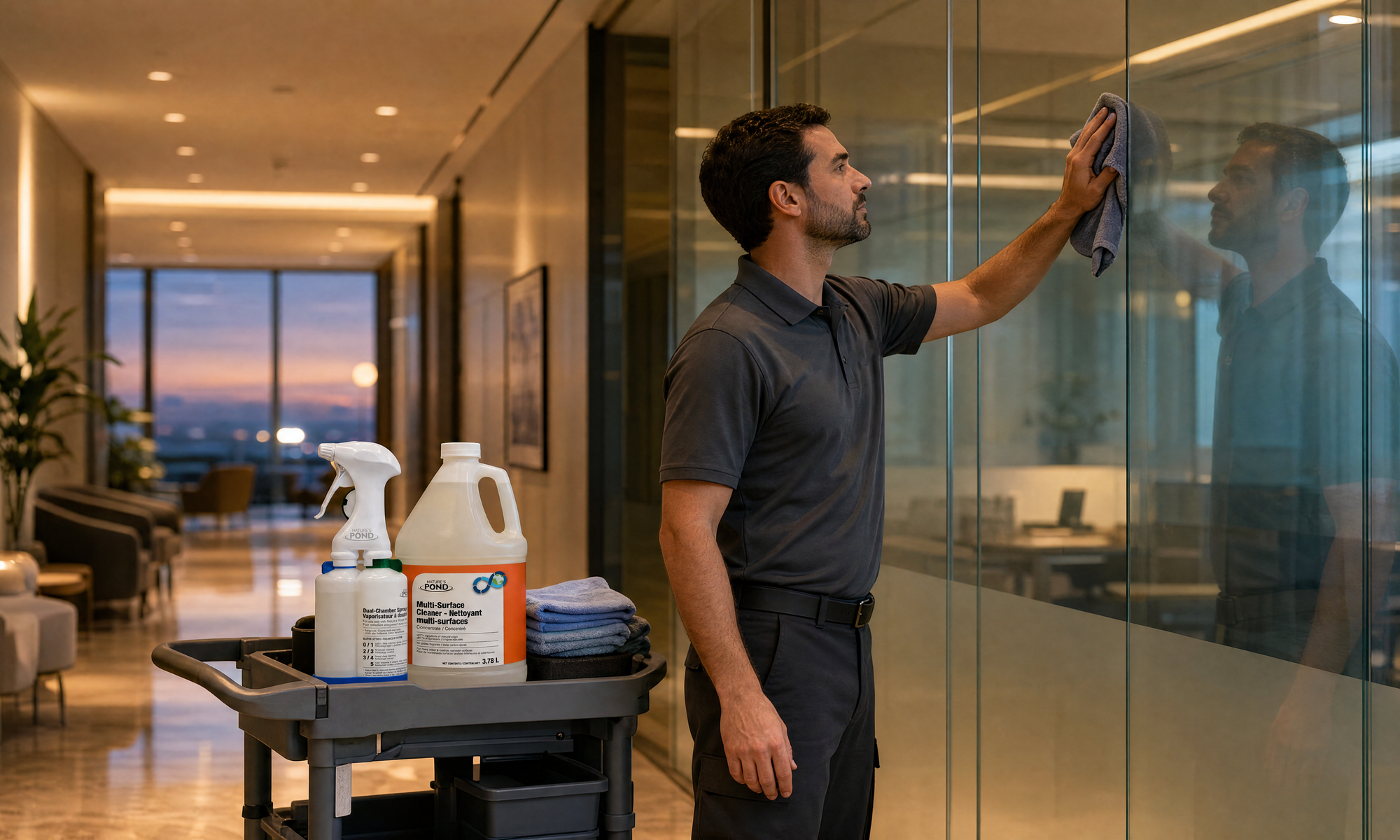 Commercial cleaner spraying and wiping a glass partition in a modern office lobby in the evening