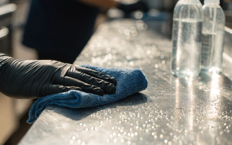 A gloved hand wiping a stainless-steel counter with a blue microfiber cloth in a commercial kitchen, spray bottles nearby.
