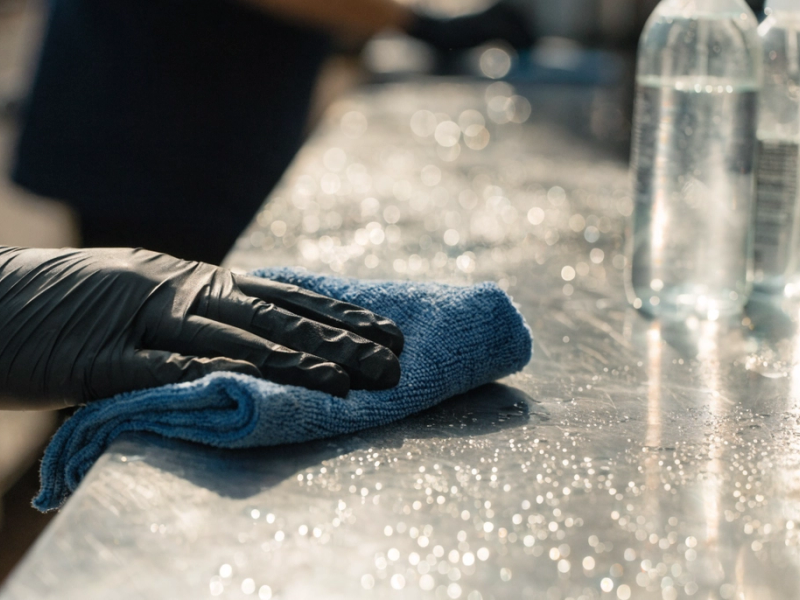 A gloved hand wiping a stainless-steel counter with a blue microfiber cloth in a commercial kitchen, spray bottles nearby.