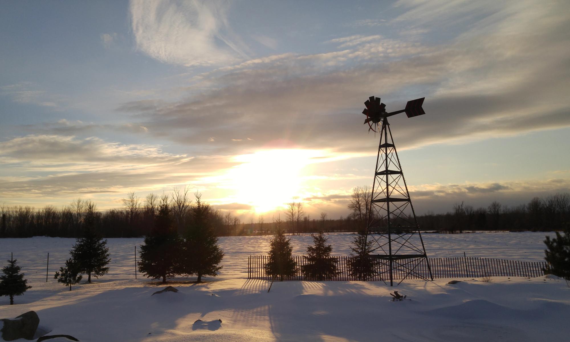 A Koenders aeration windmill silhouetted against a winter sunset over a snowy prairie field