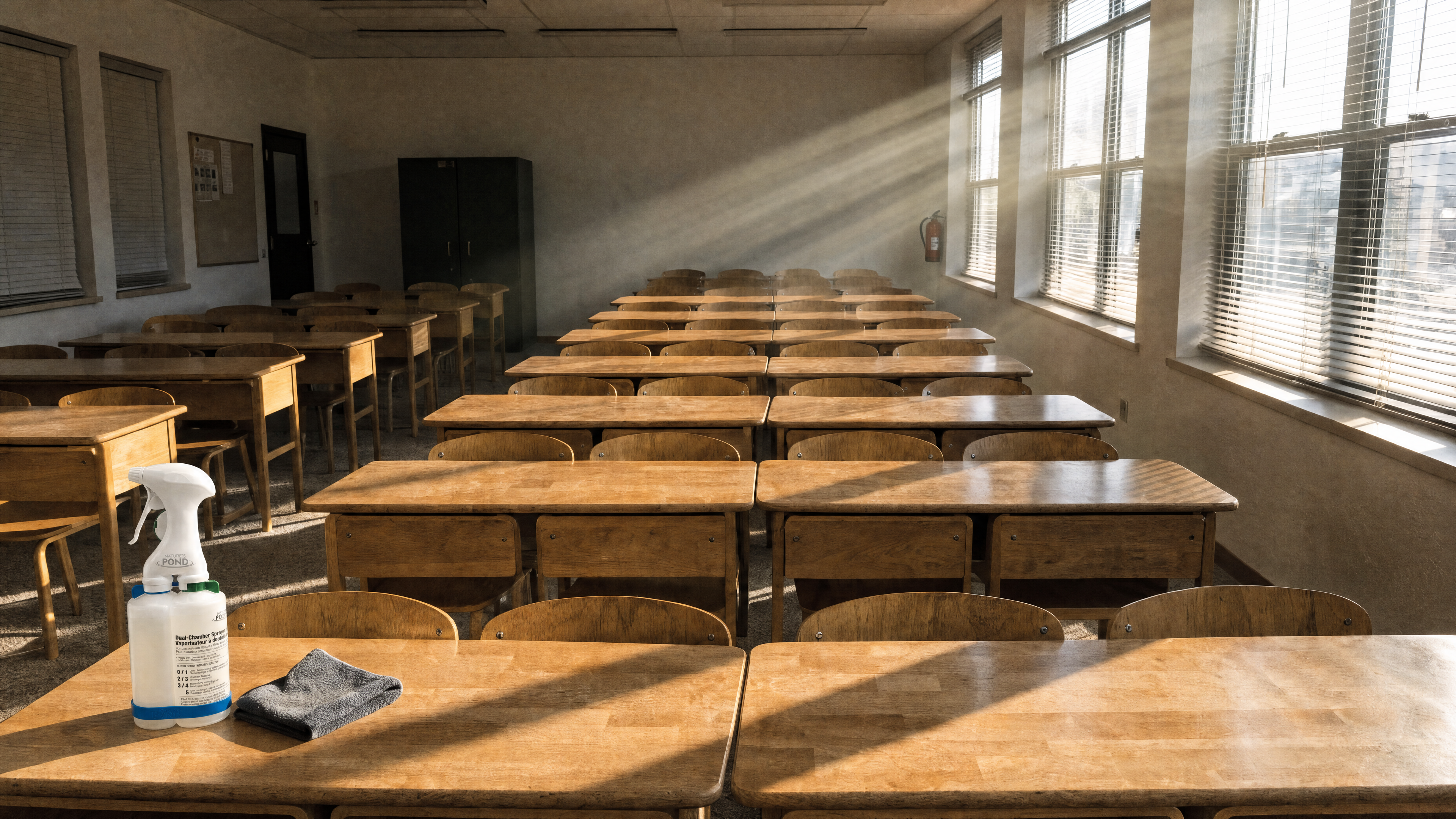 A bright, empty classroom with clean wooden desks in rows and morning sunlight, a spray bottle on a front desk.