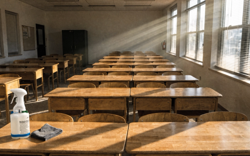A bright, empty classroom with clean wooden desks in rows and morning sunlight, a spray bottle on a front desk.
