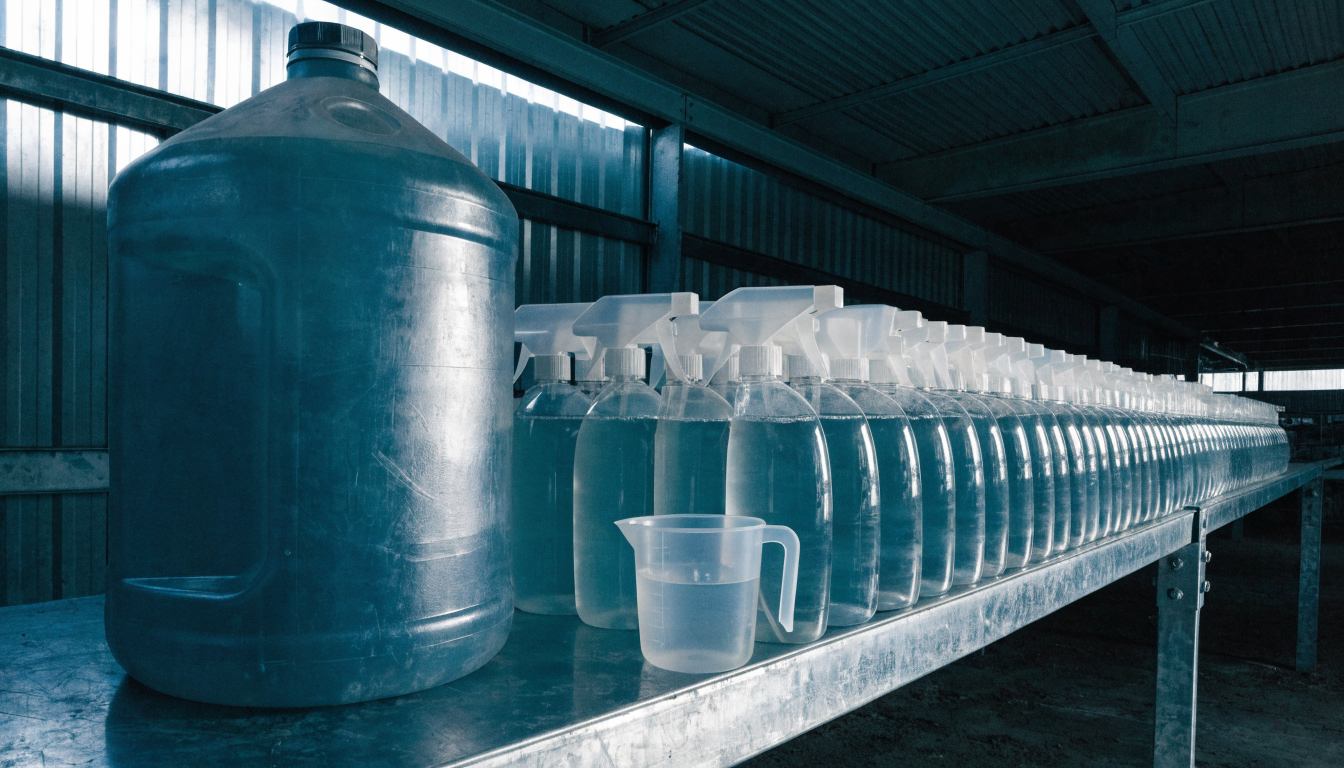 A large concentrate jug beside filled spray bottles and a measuring cup on a metal warehouse shelf.