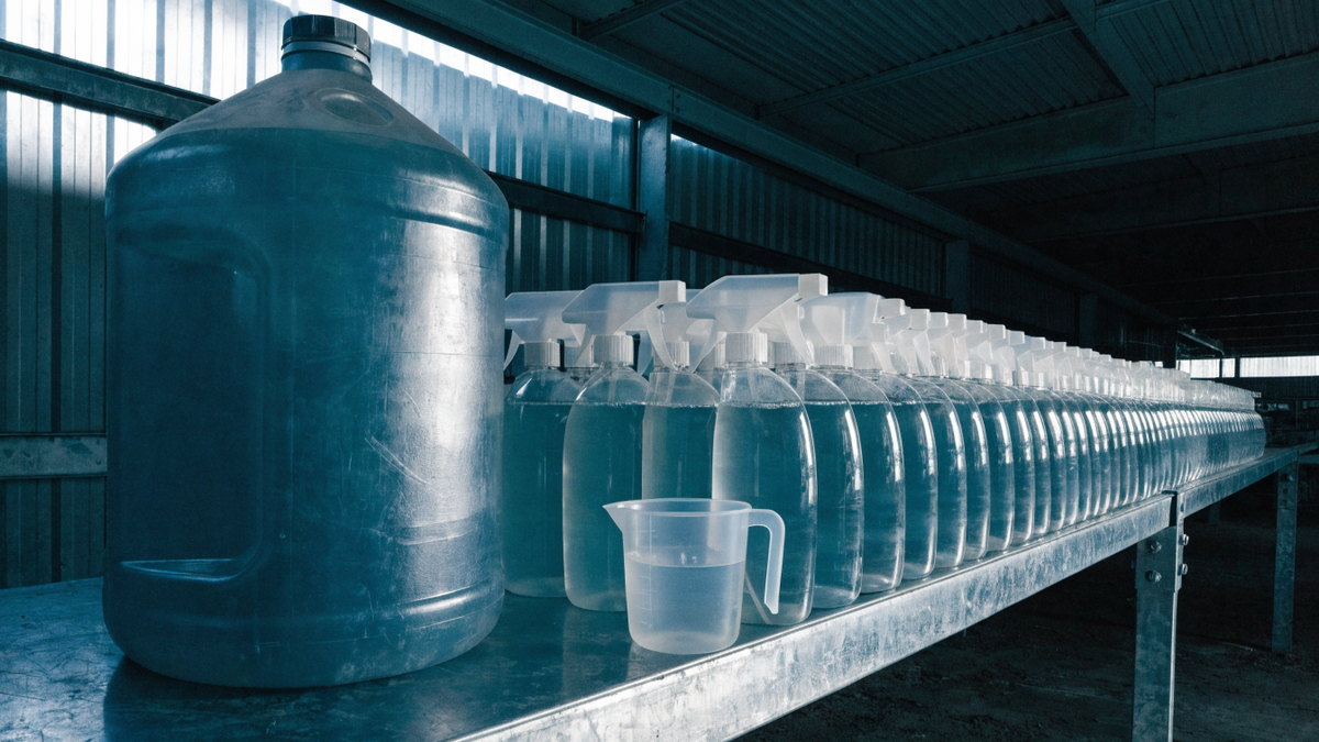 A large concentrate jug beside filled spray bottles and a measuring cup on a metal warehouse shelf.