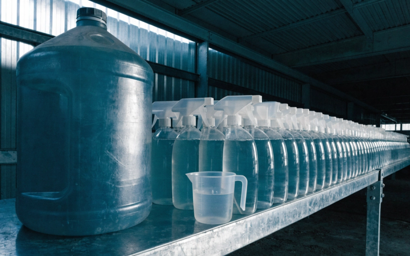 A large concentrate jug beside filled spray bottles and a measuring cup on a metal warehouse shelf.