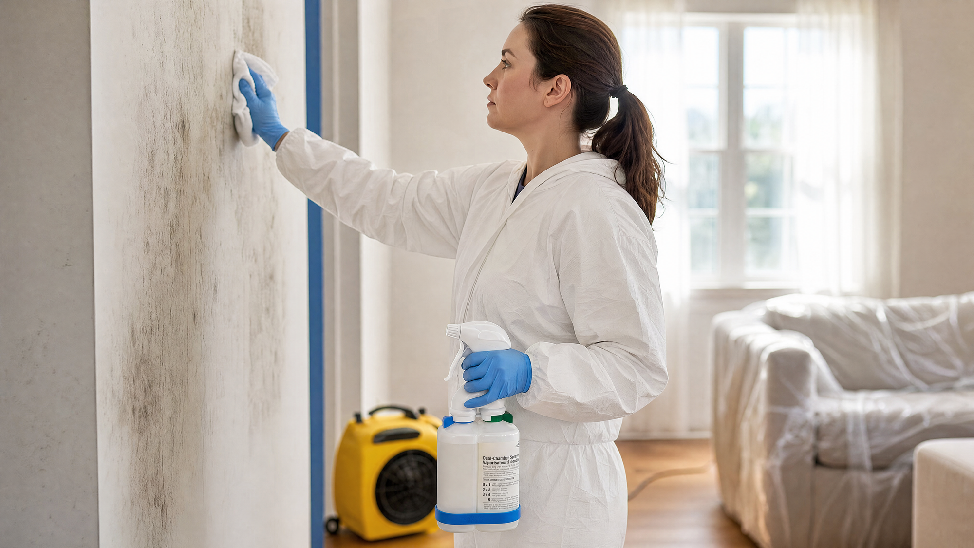 Restoration technician spraying and wiping a wall in a room undergoing water and smoke damage restoration