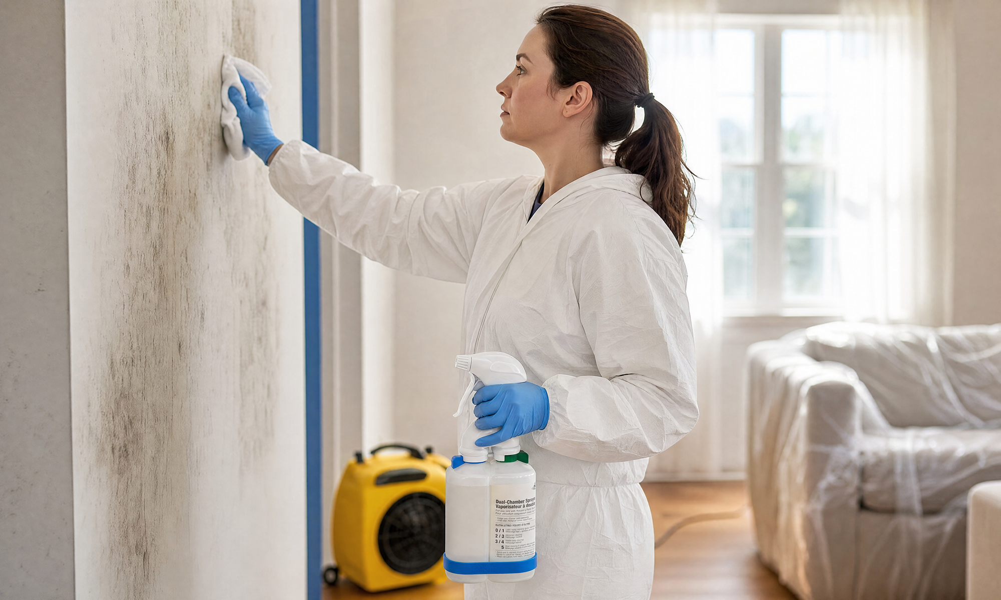 Restoration technician spraying and wiping a wall in a room undergoing water and smoke damage restoration