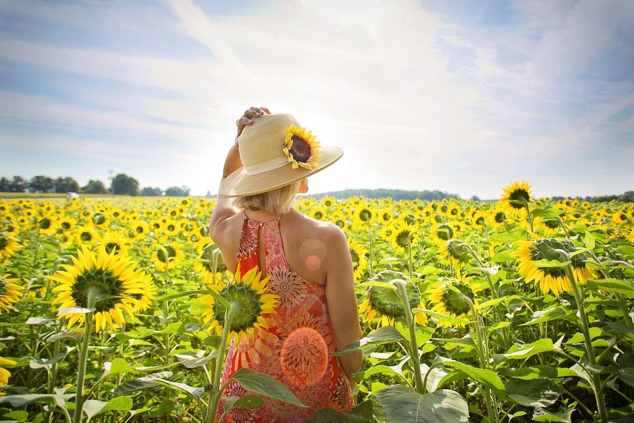 donna in un campo di girasoli