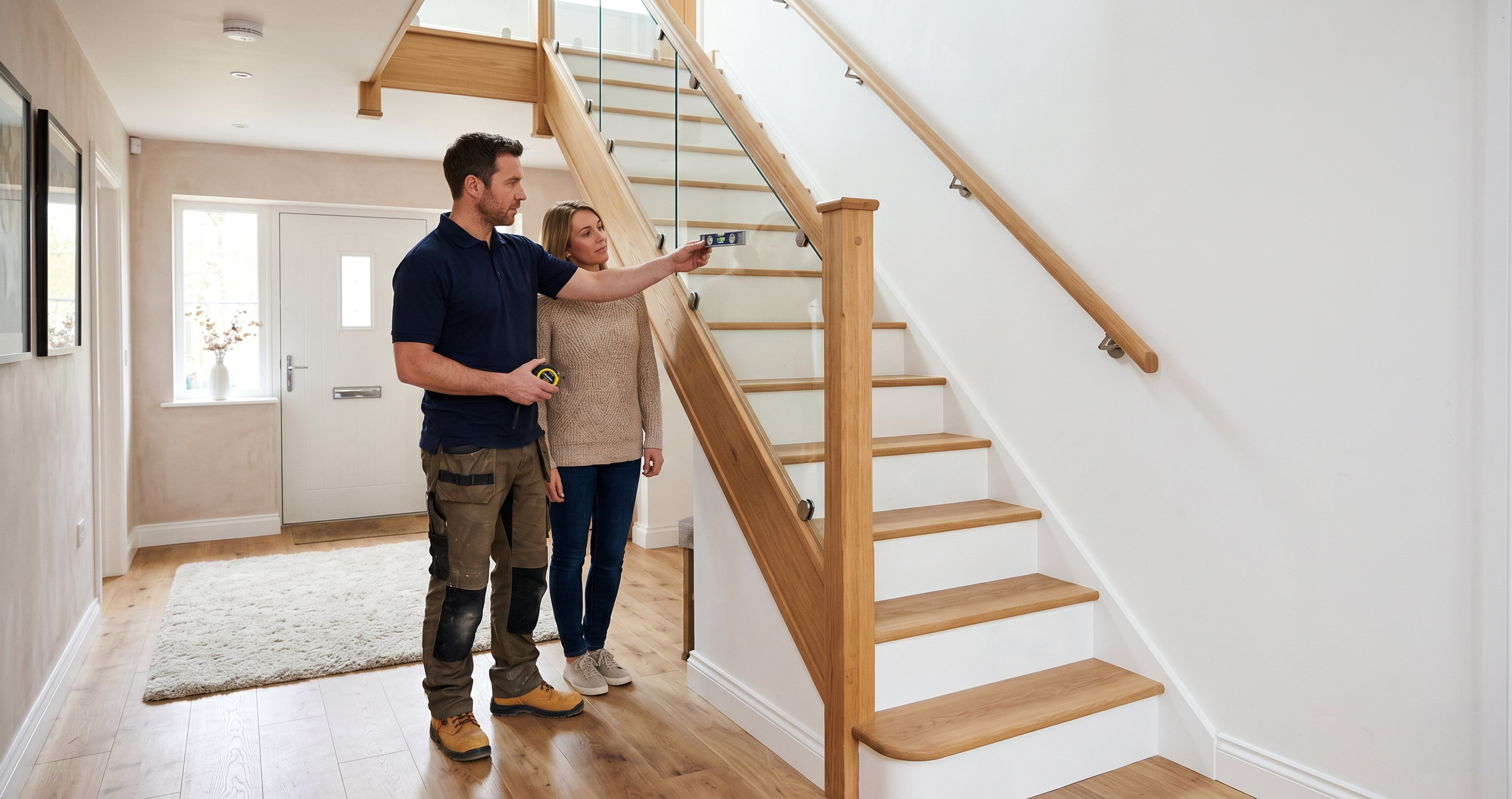 Contractor checking staircase handrail height in a UK home
