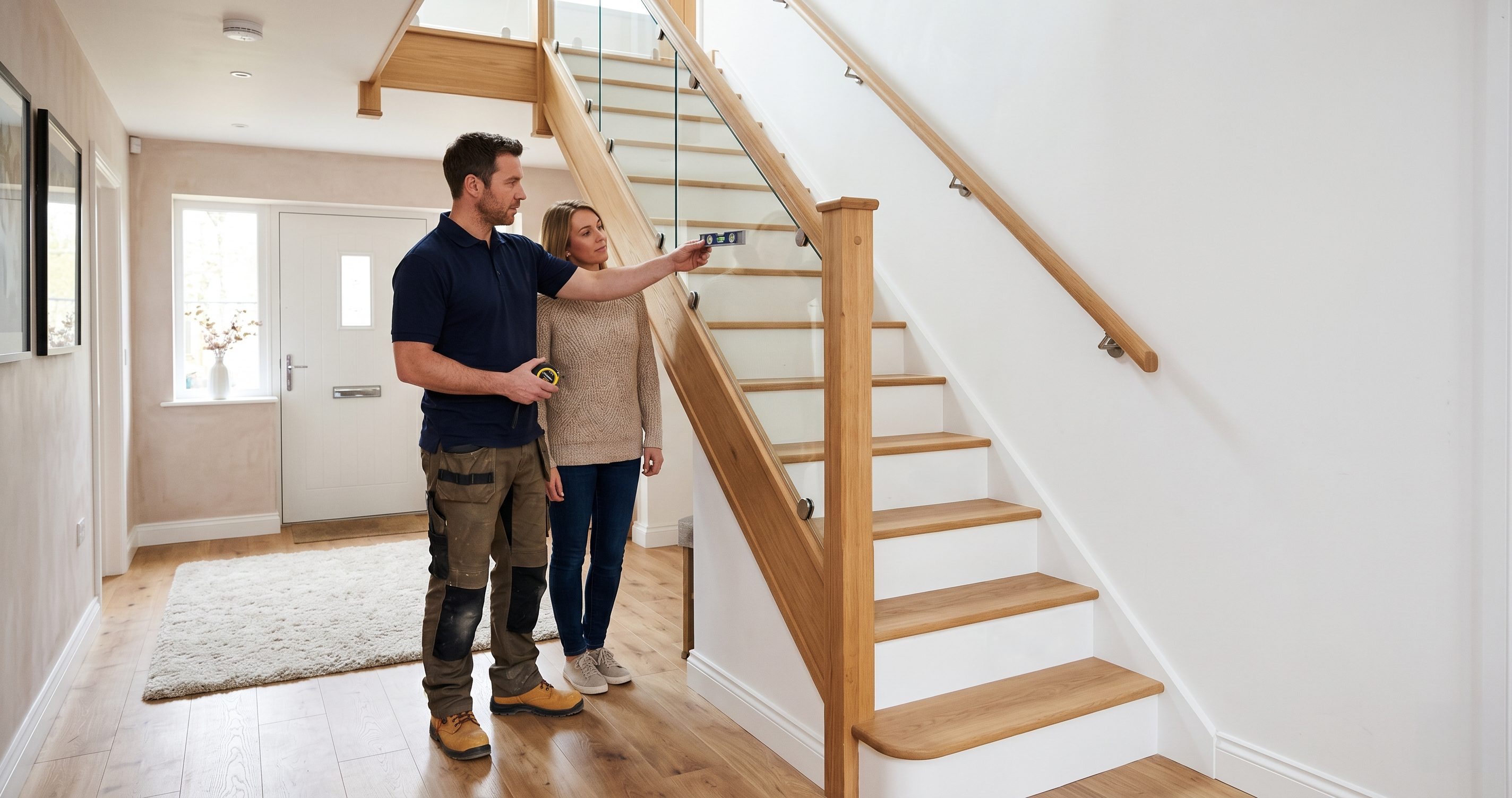 Contractor checking staircase handrail height in a UK home