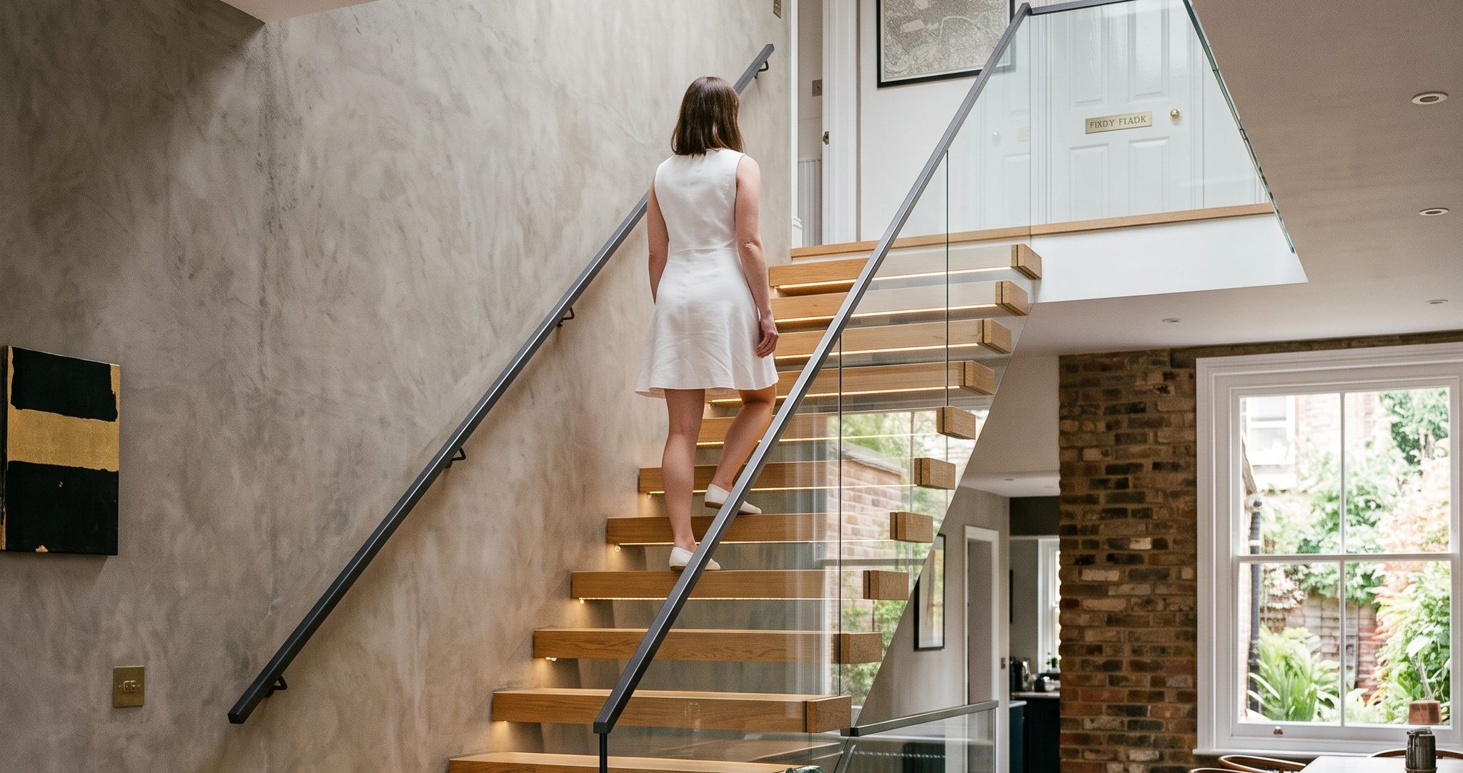 Floating oak staircase with LED-lit treads and glass balustrade by Studio Disoul