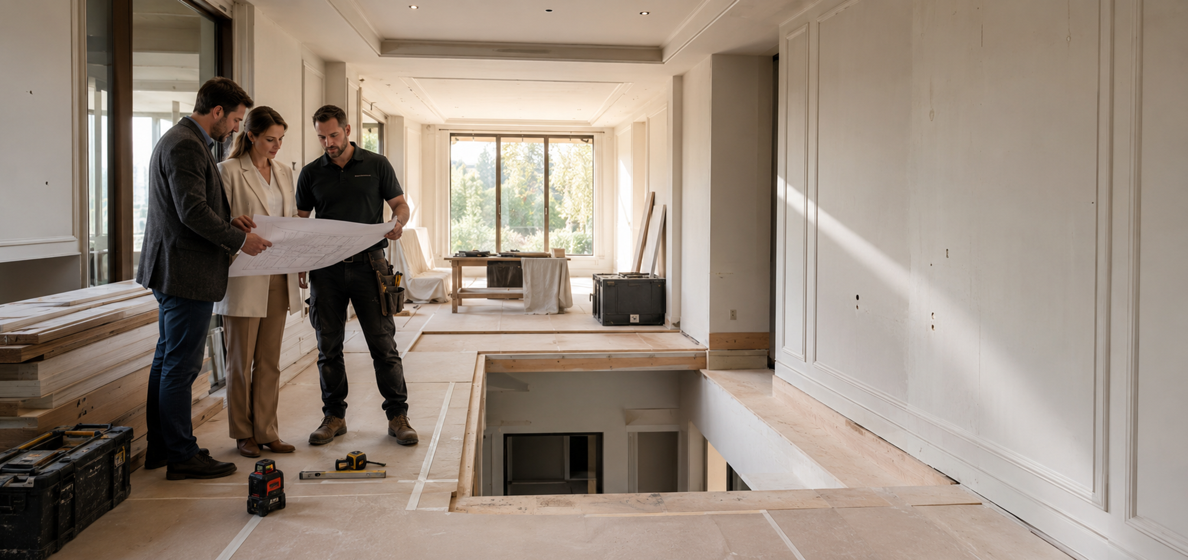 Contractor and homeowners reviewing plans for a staircase project in a UK home