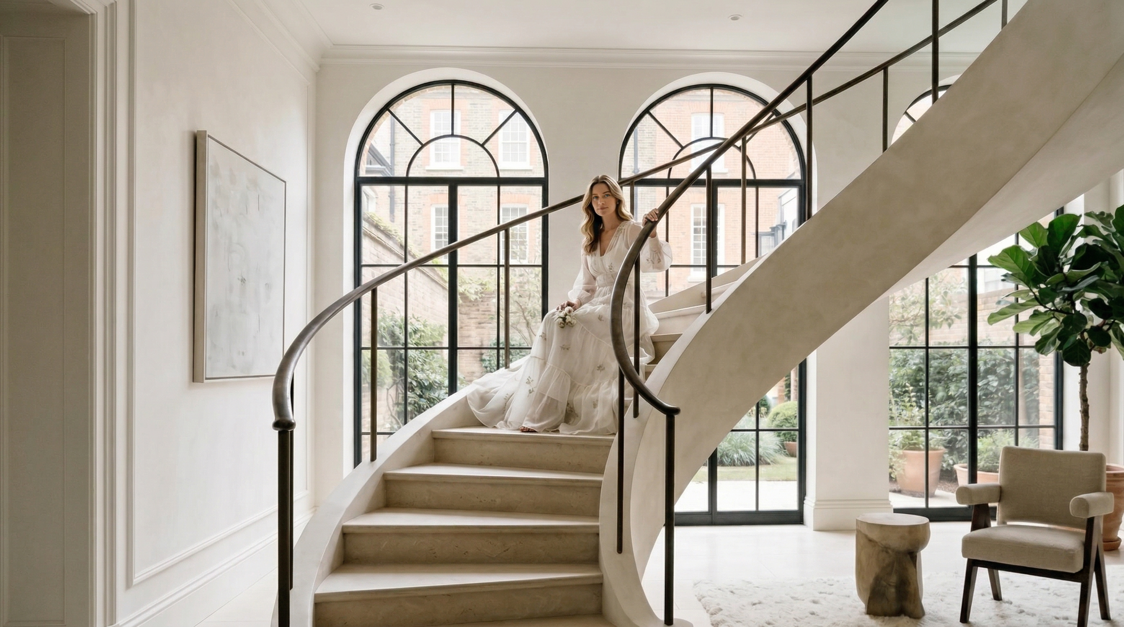A curved staircase rising through a bright London interior