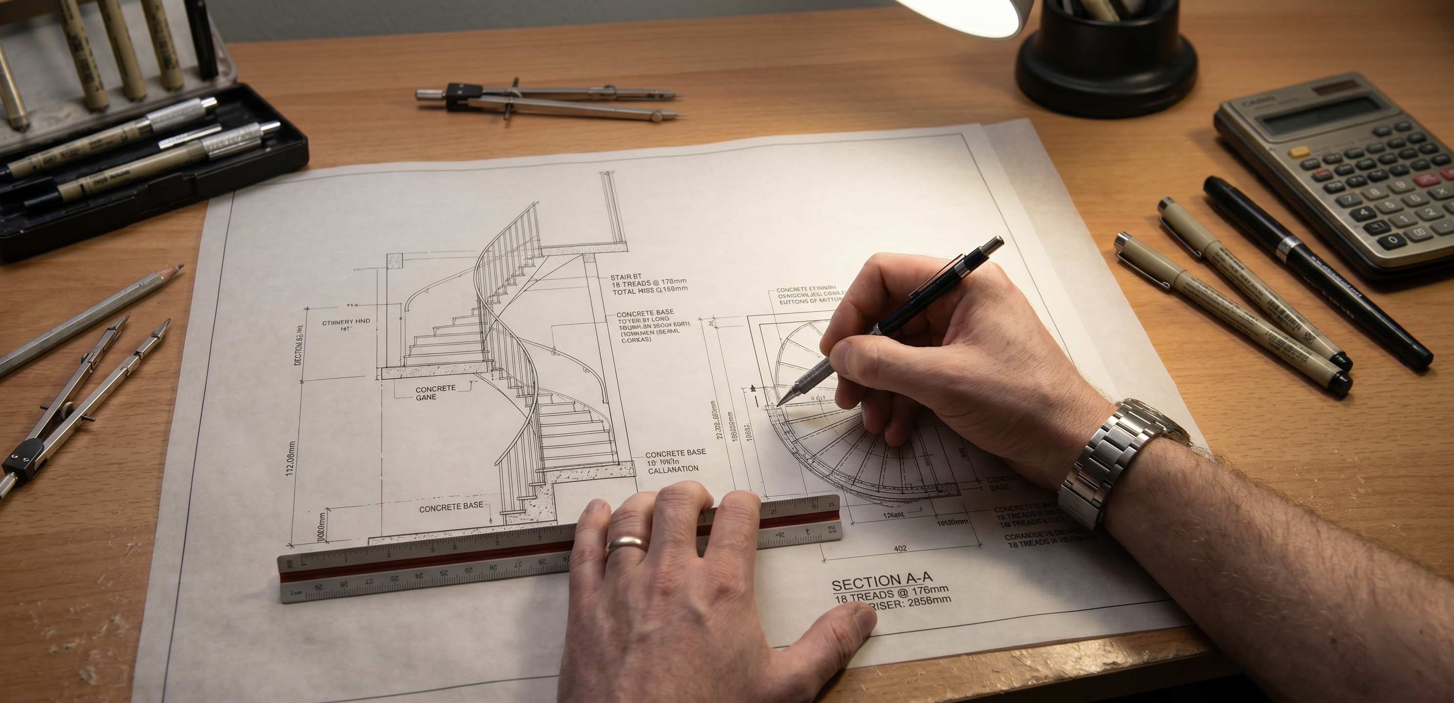Technical staircase drawing being reviewed for British stair regulations compliance