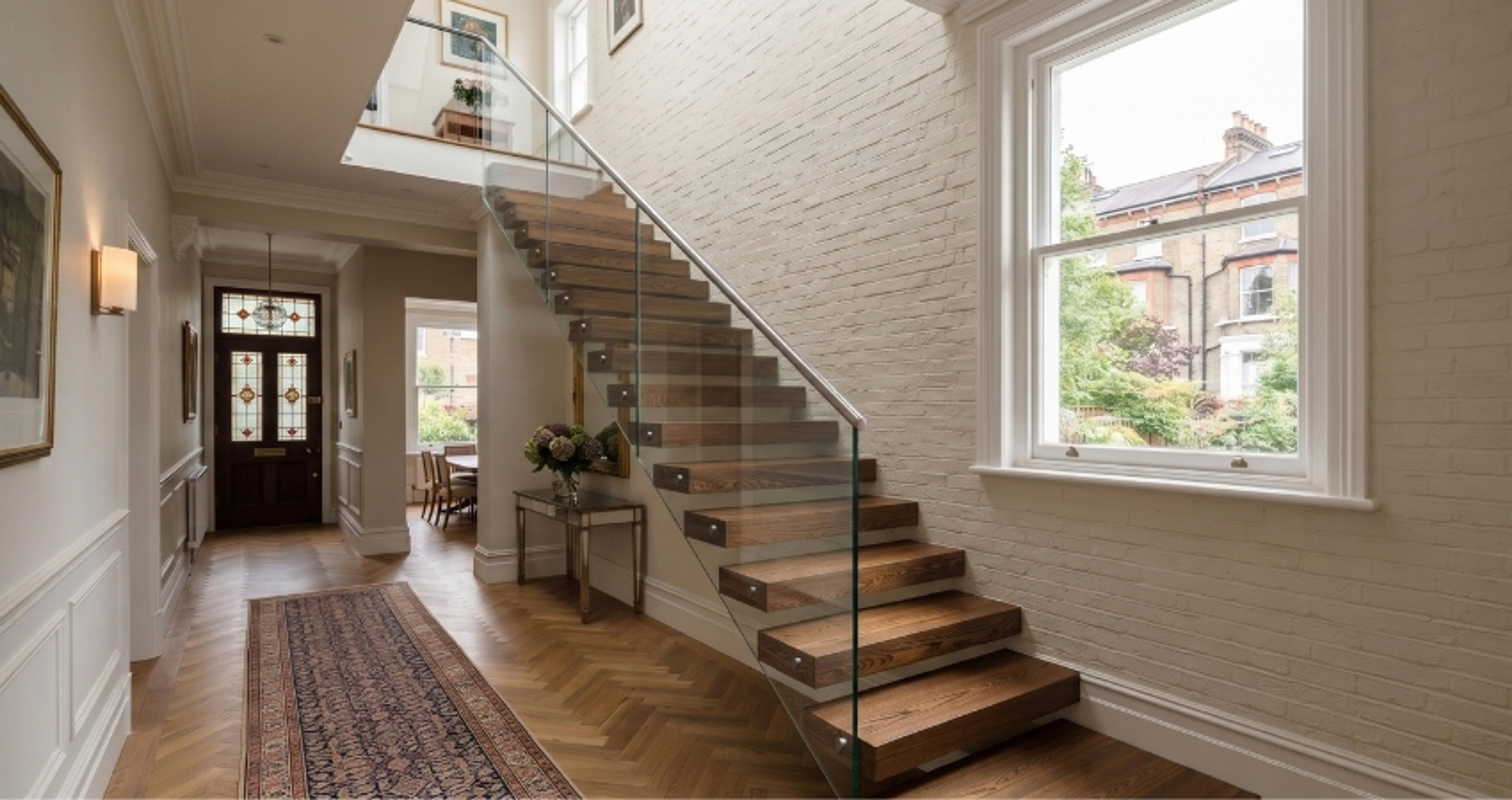 Floating oak staircase with glass balustrade by Studio Disoul 