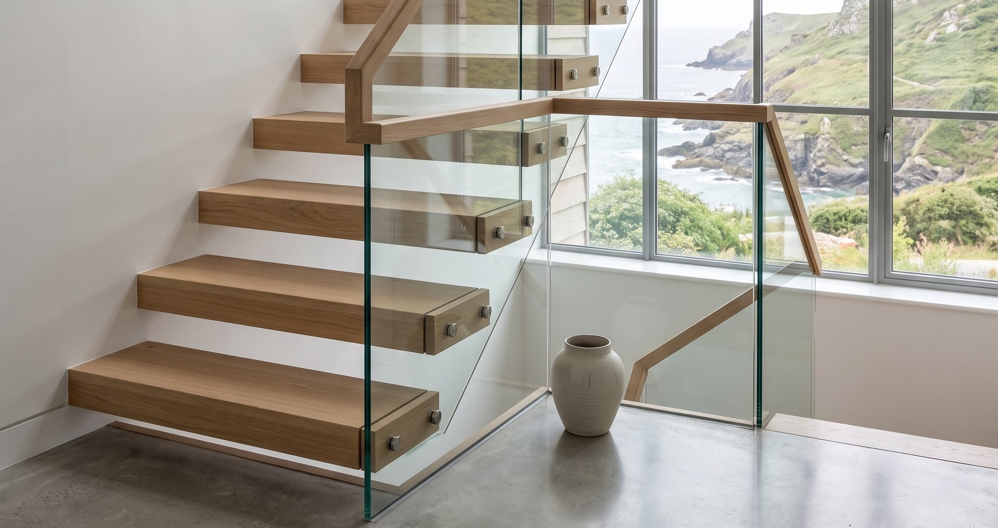 Floating oak staircase with glass balustrade and sea view by Studio Disoul