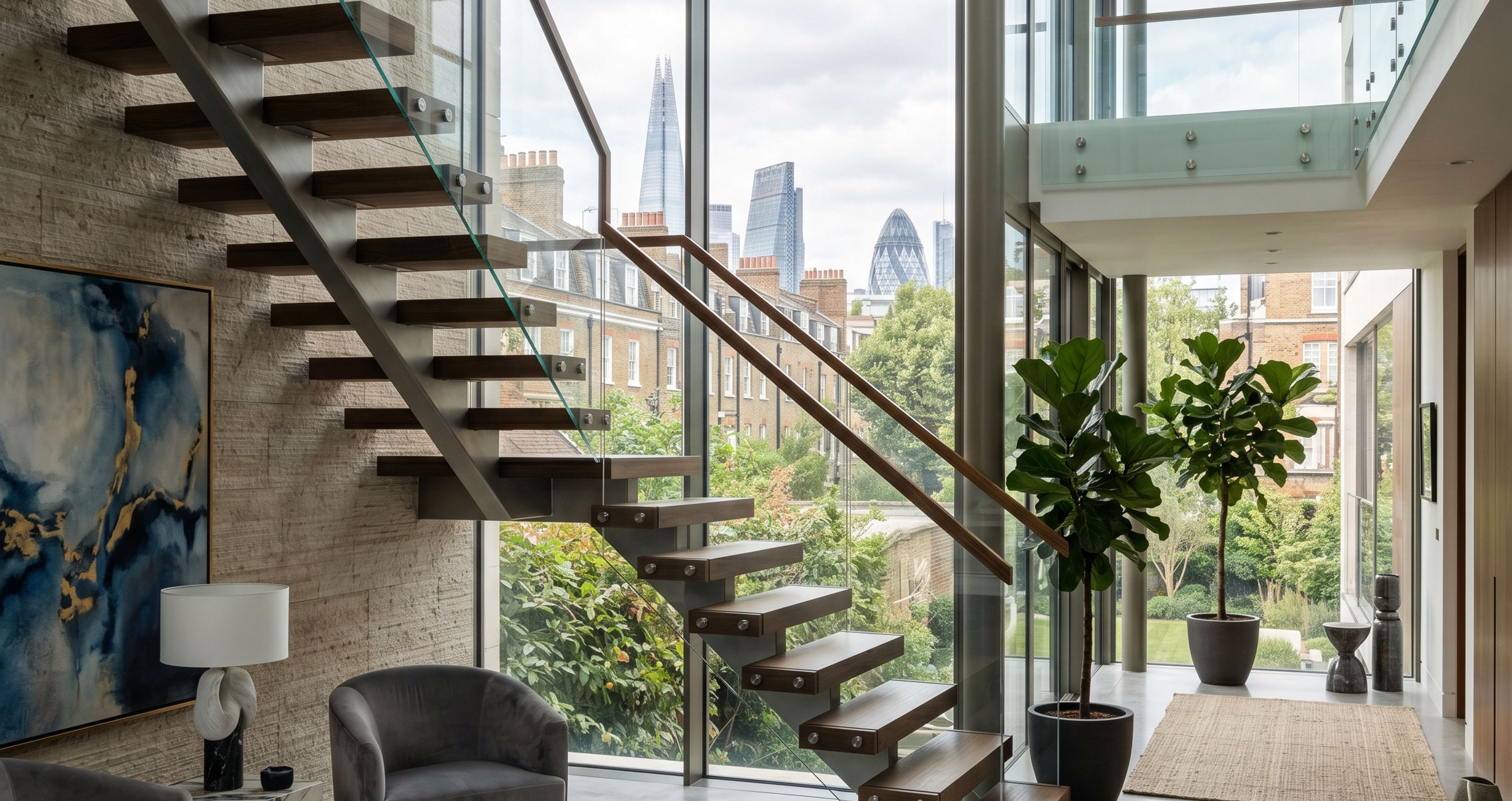 Oak spine staircase with London skyline view by Studio Disoul