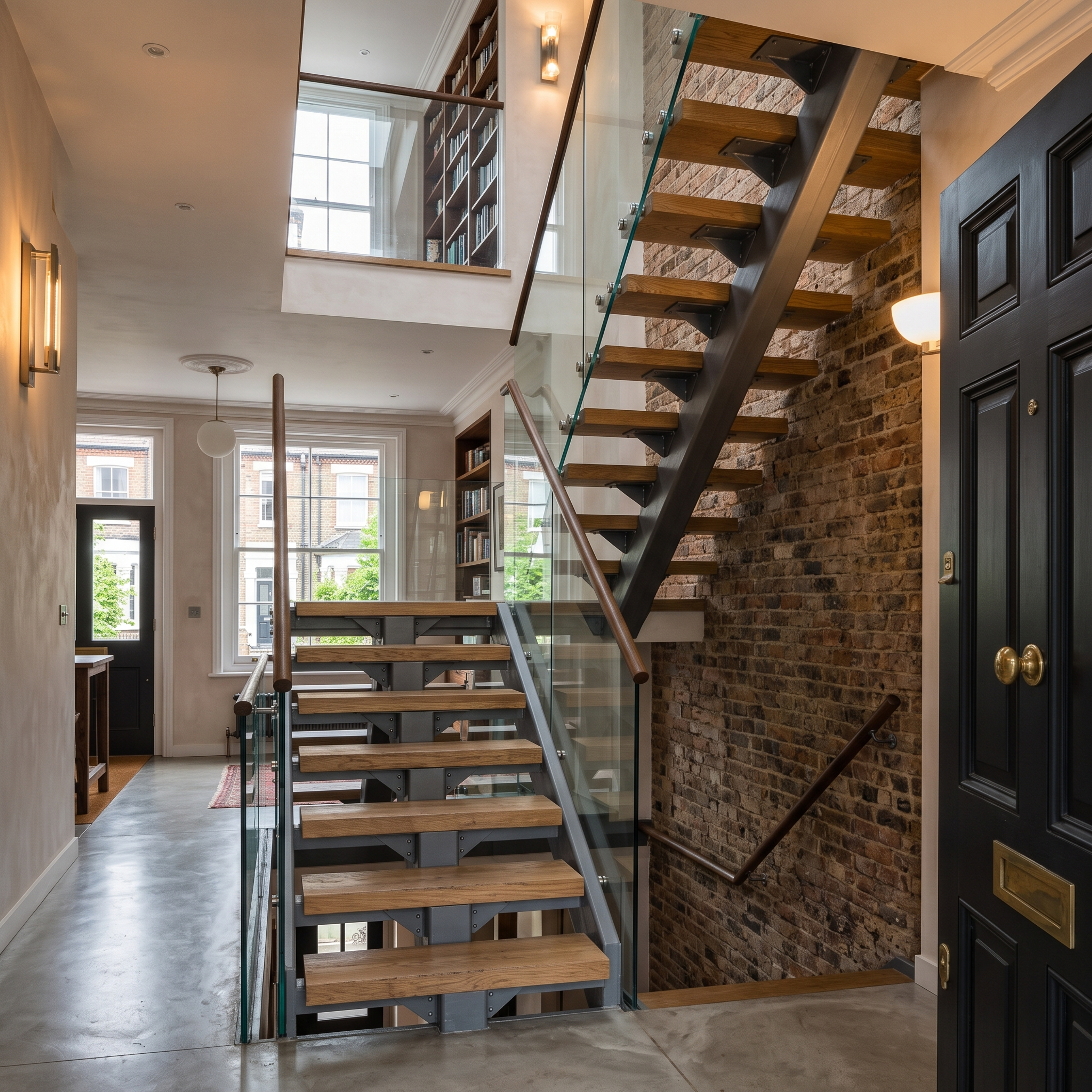 Modern spine staircase with central steel support and timber treads