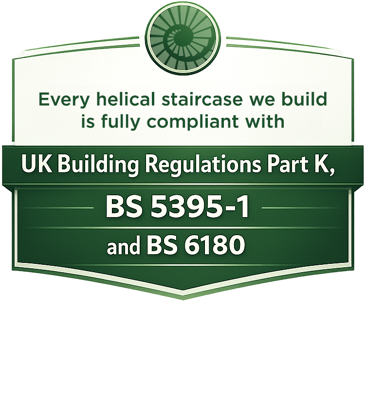 Every helical staircase we build is fully compliant with UK Building Regulations Part K, BS 5395-1 and BS 6180