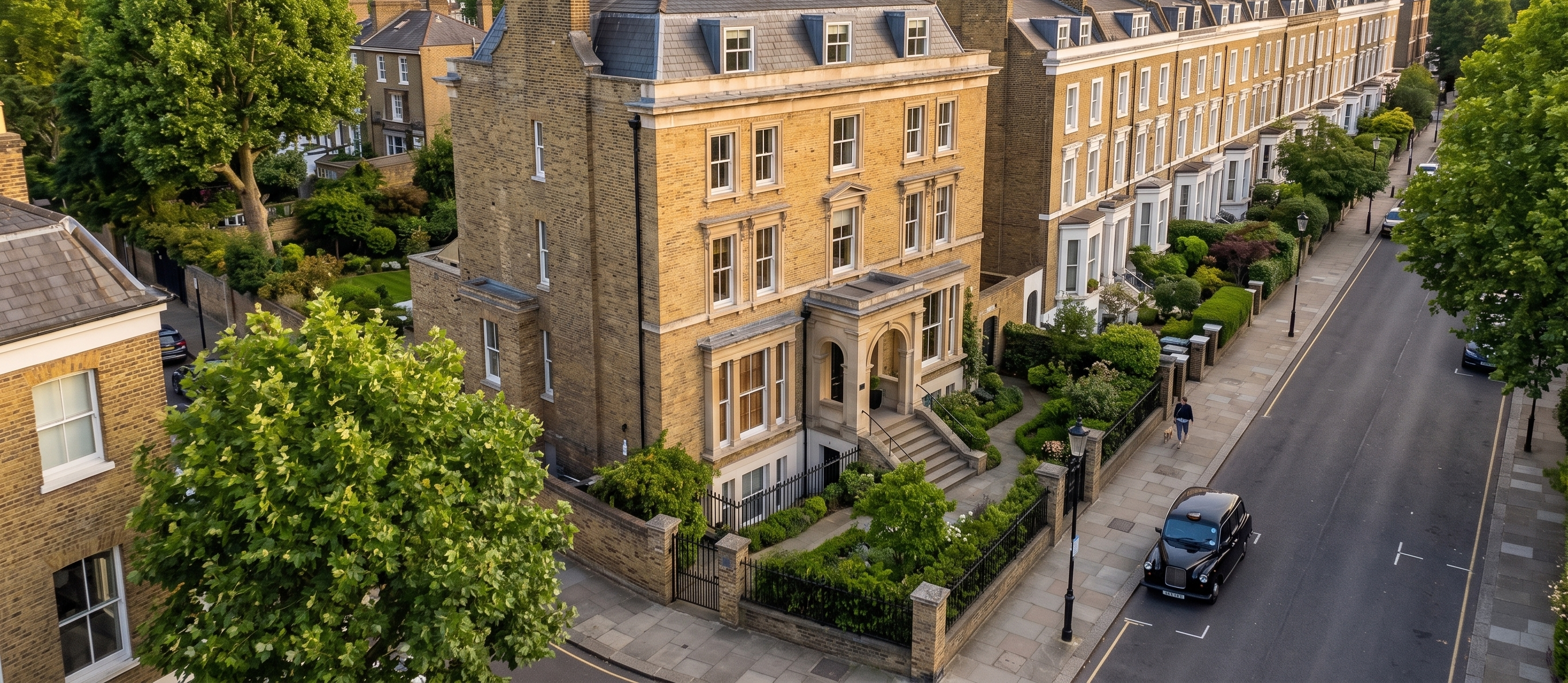 Aerial view of a Victorian terrace street in London