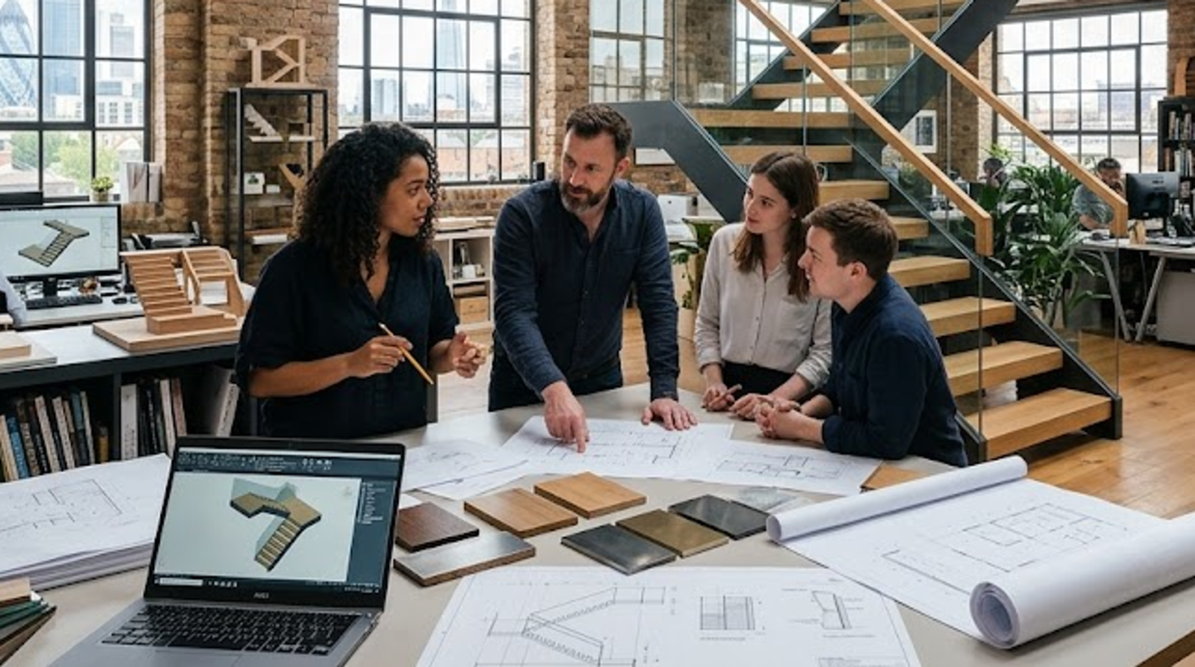 Studio DISOUL team reviewing material samples and drawings