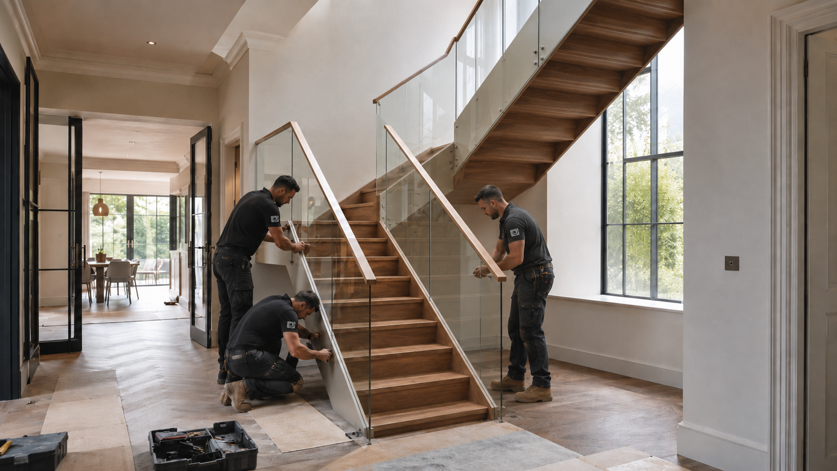 Professional staircase installation taking place in a residential property