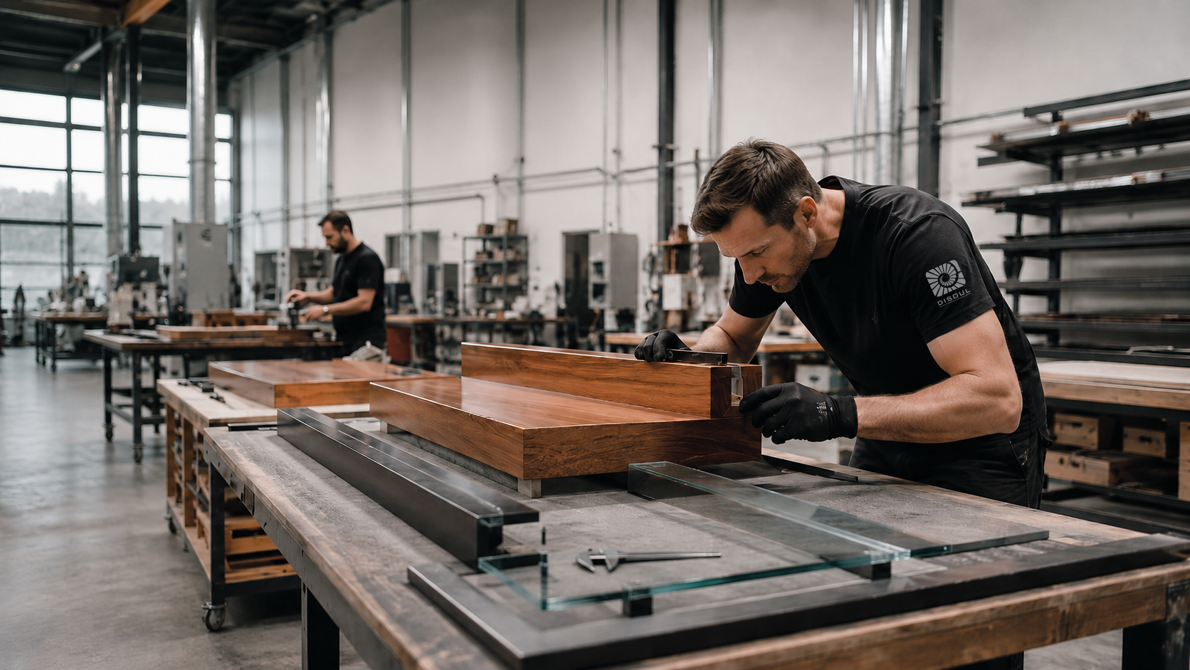 Studio DISOUL fabricator hand-finishing a stair component