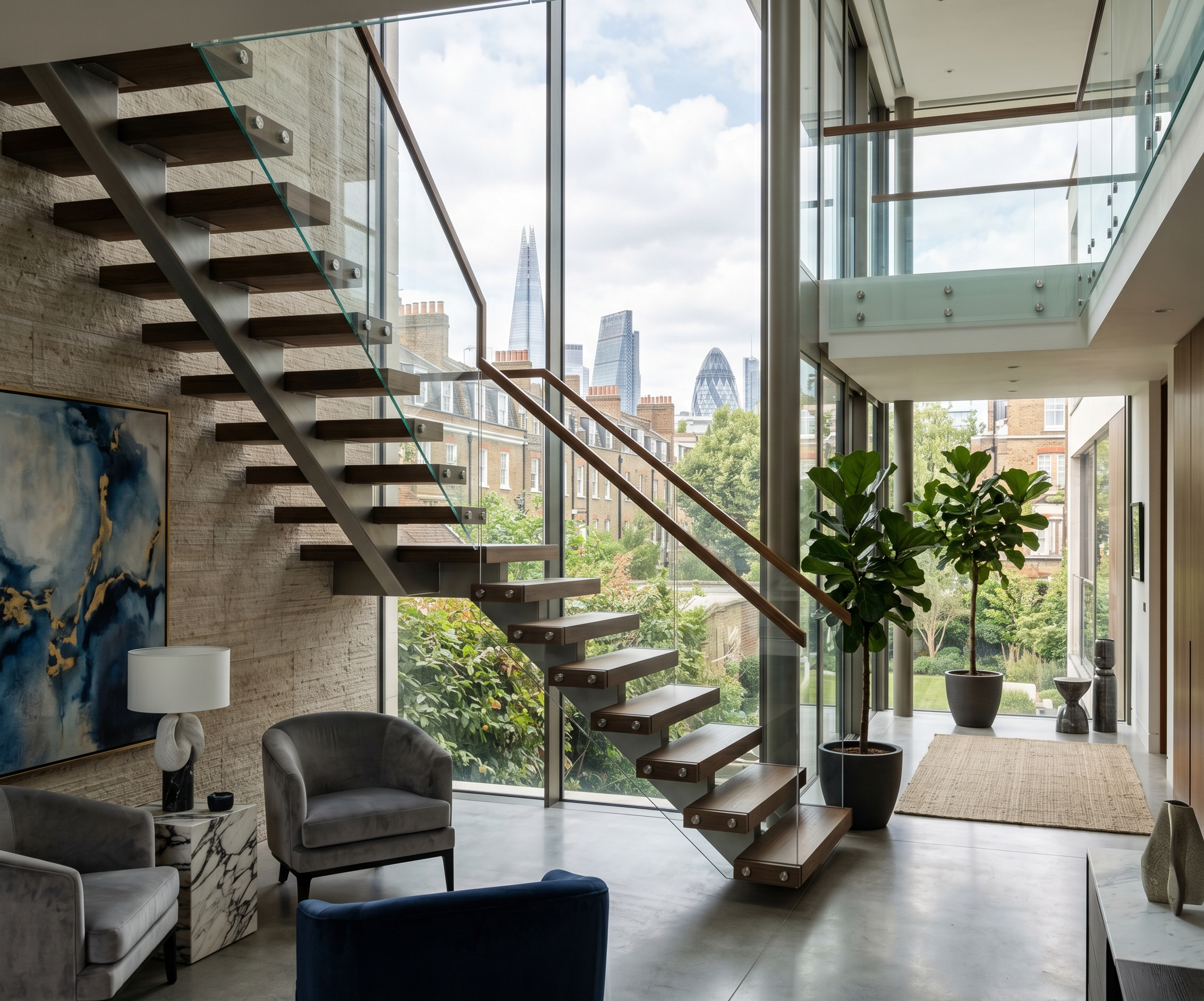 Bespoke floating staircase with timber treads and glass balustrade in a London home