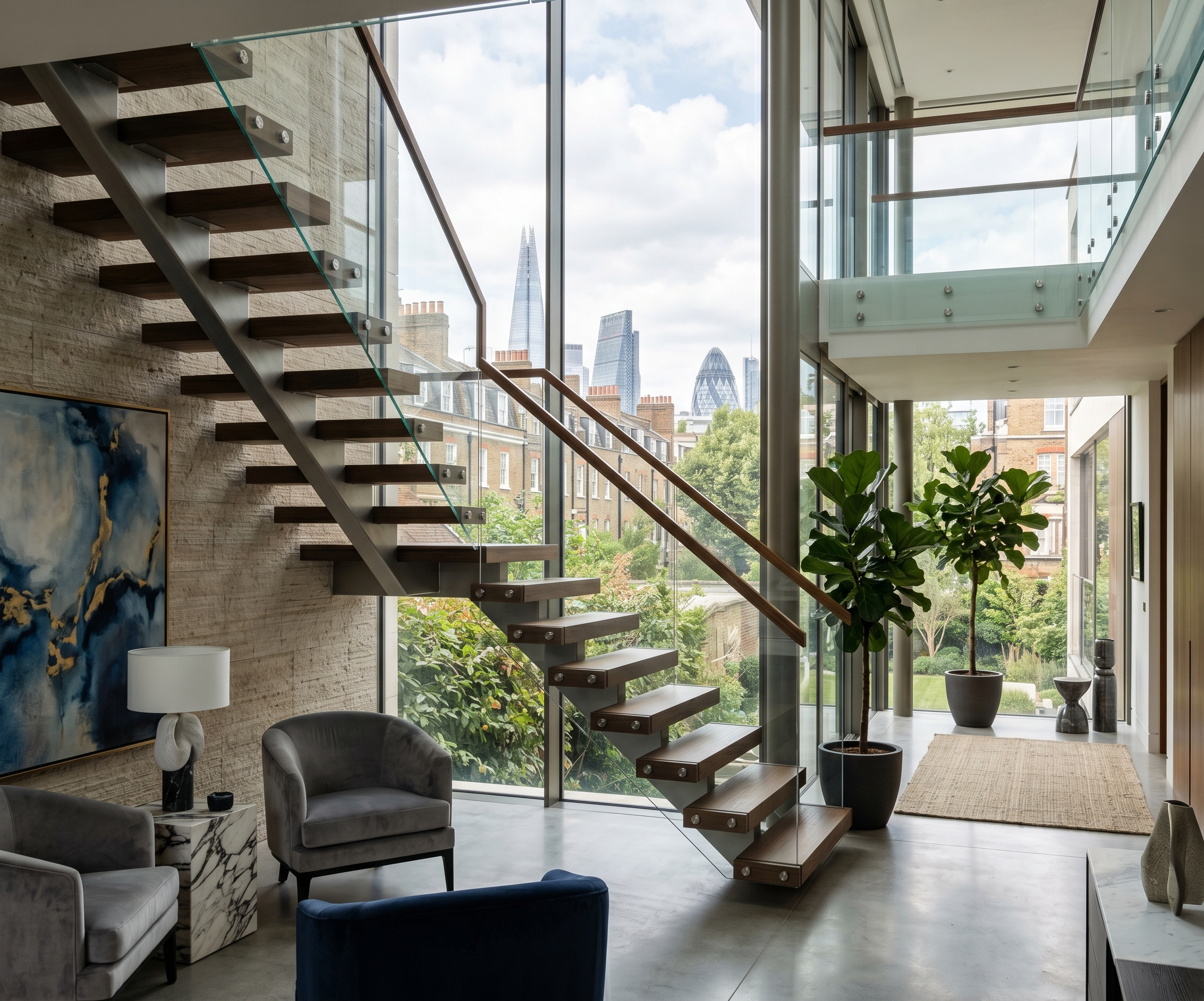 Bespoke floating staircase with timber treads and glass balustrade in a London home