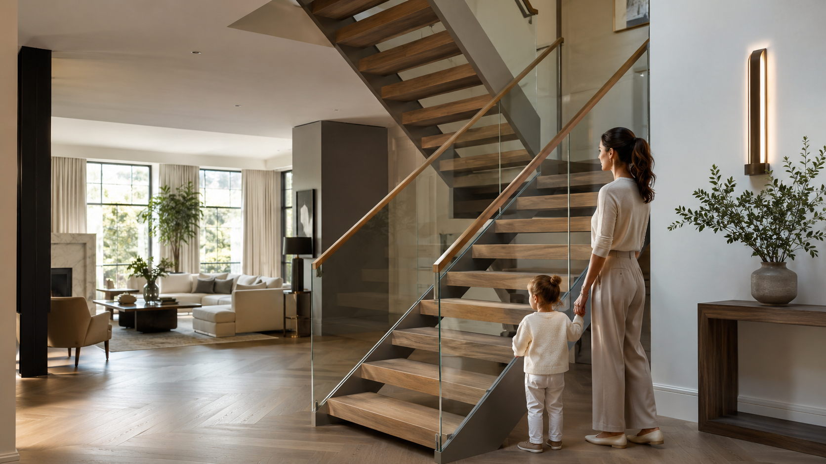 Floating staircase with steel treads in a London home