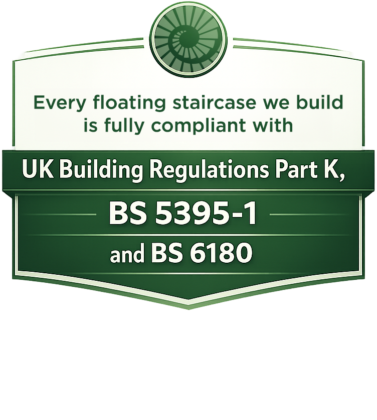 Every floating staircase we build is fully compliant with UK Building Regulations Part K, BS 5395-1 and BS 6180