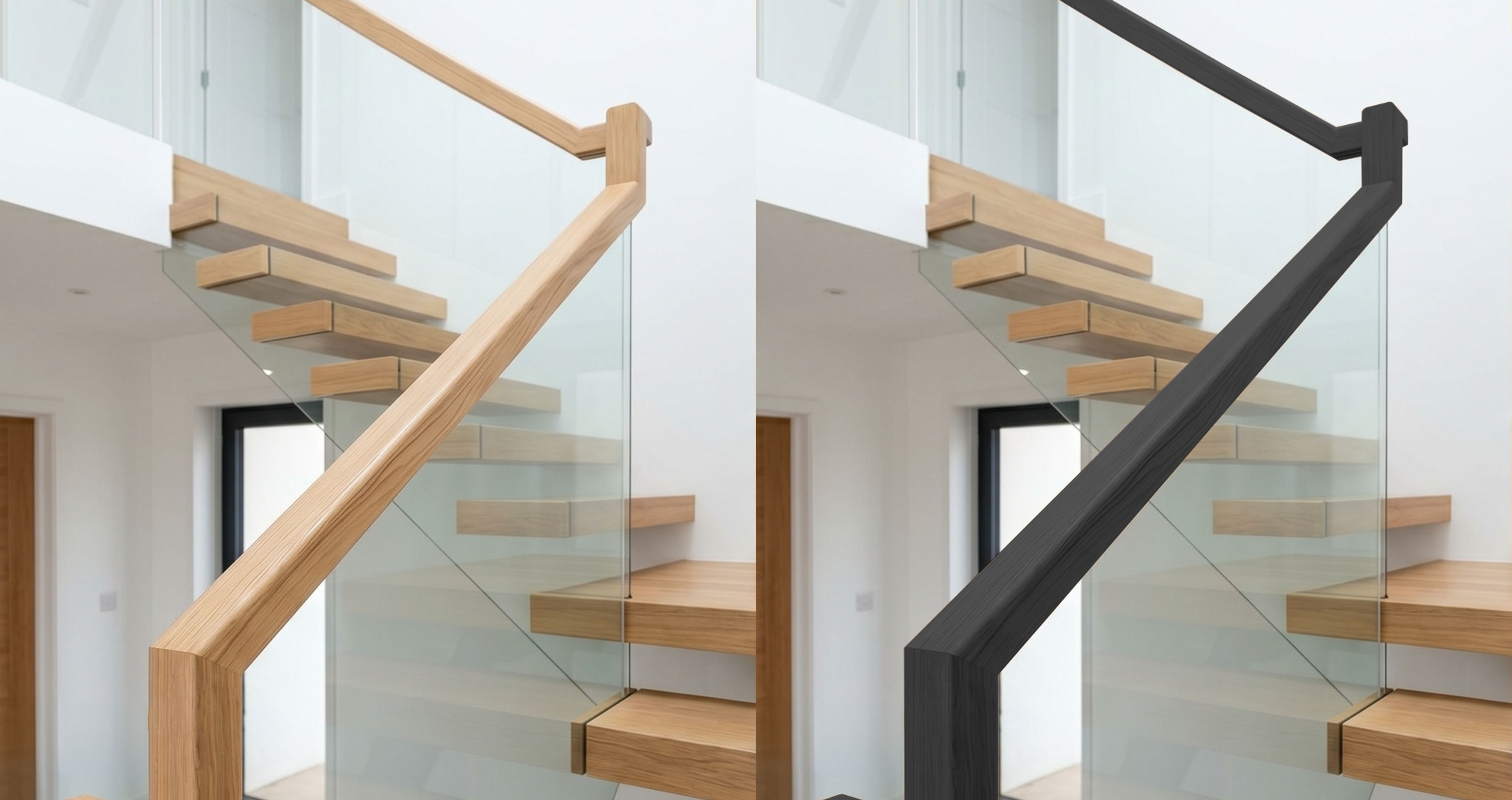 floating oak staircase with natural oak handrail versus black handrail and glass balustrade by Studio Disoul