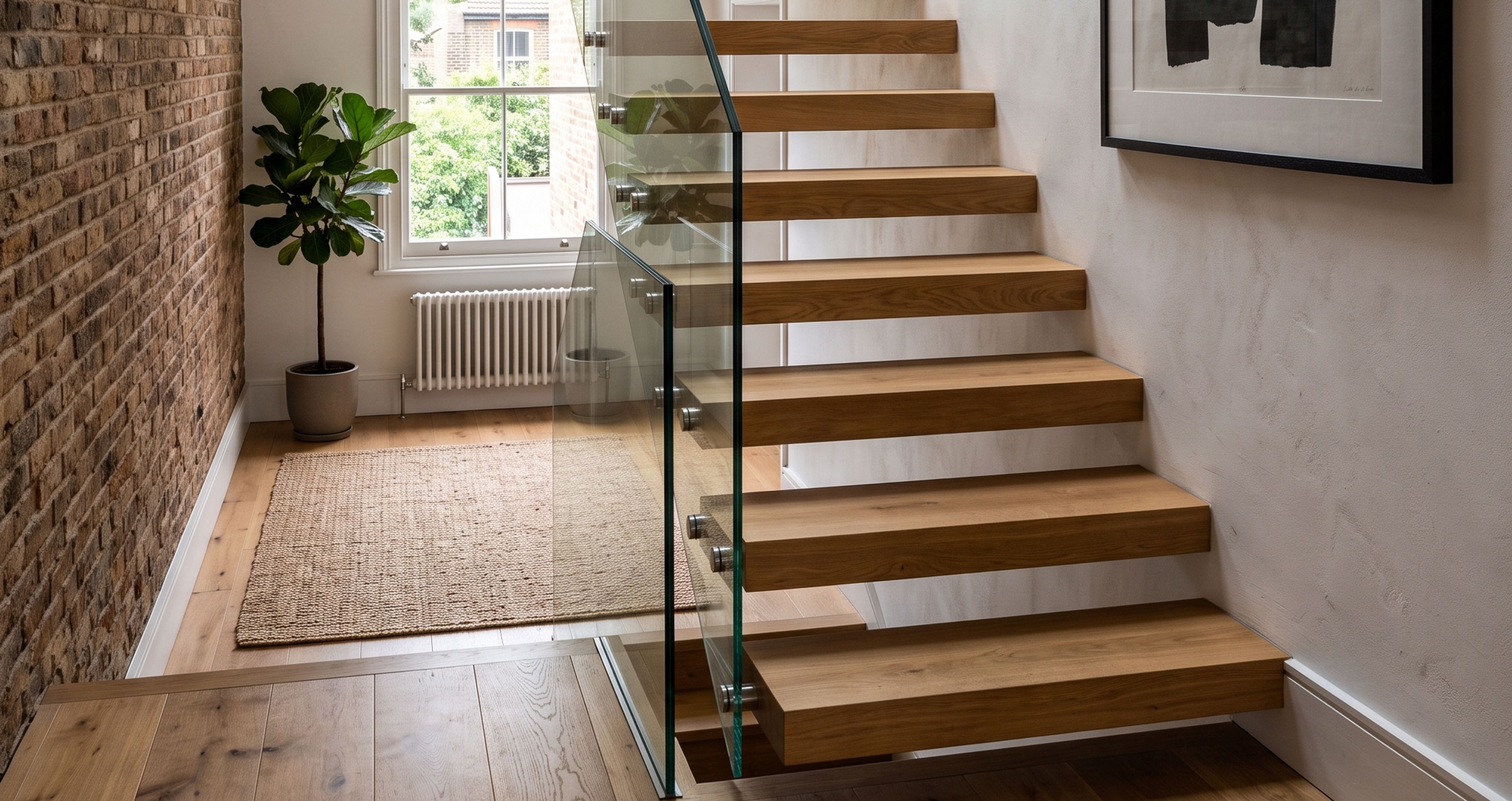 Floating oak stairs with glass balustrade beside exposed brick by Studio Disoul