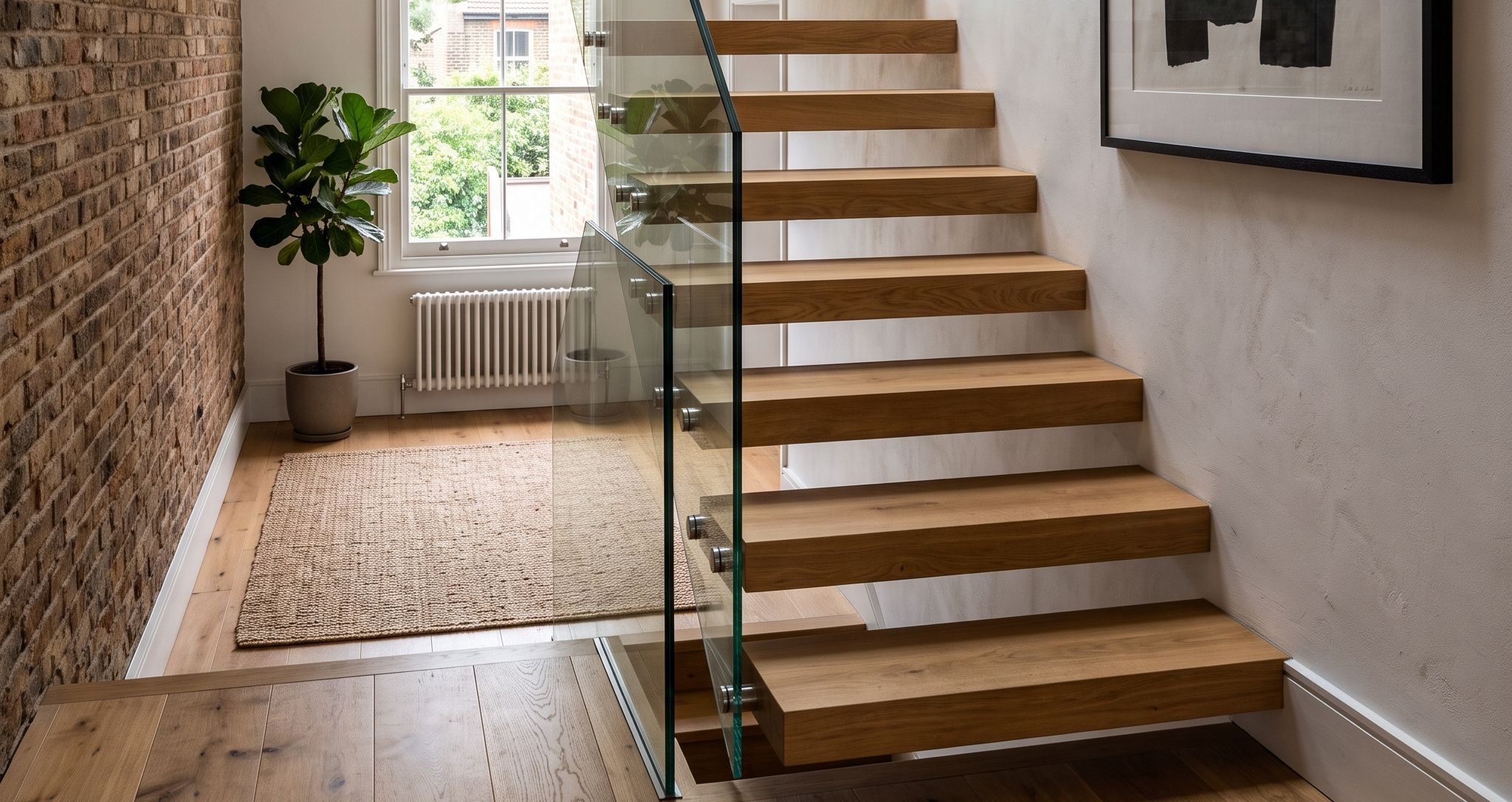 Floating oak stairs with glass balustrade beside exposed brick by Studio Disoul