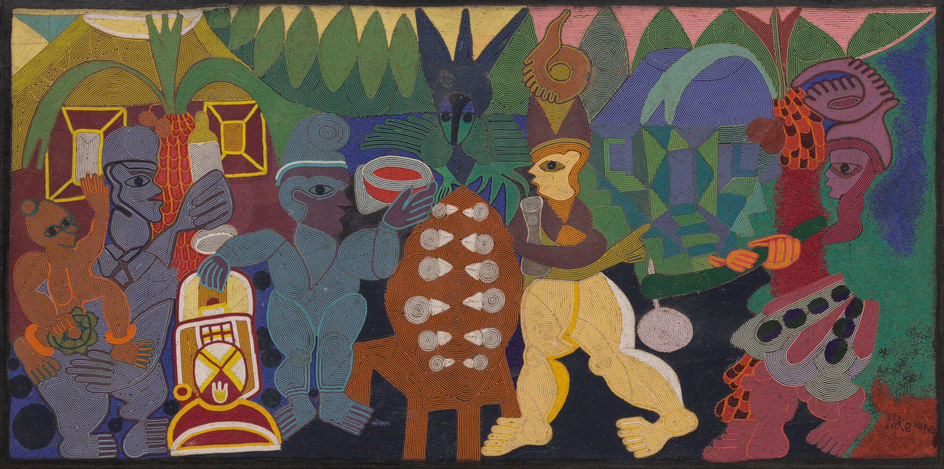 Abstract painting with figures in a vibrant mix of blue, yellow, red, and green. The scene features intricate patterns and geometric shapes, created using oil paint.