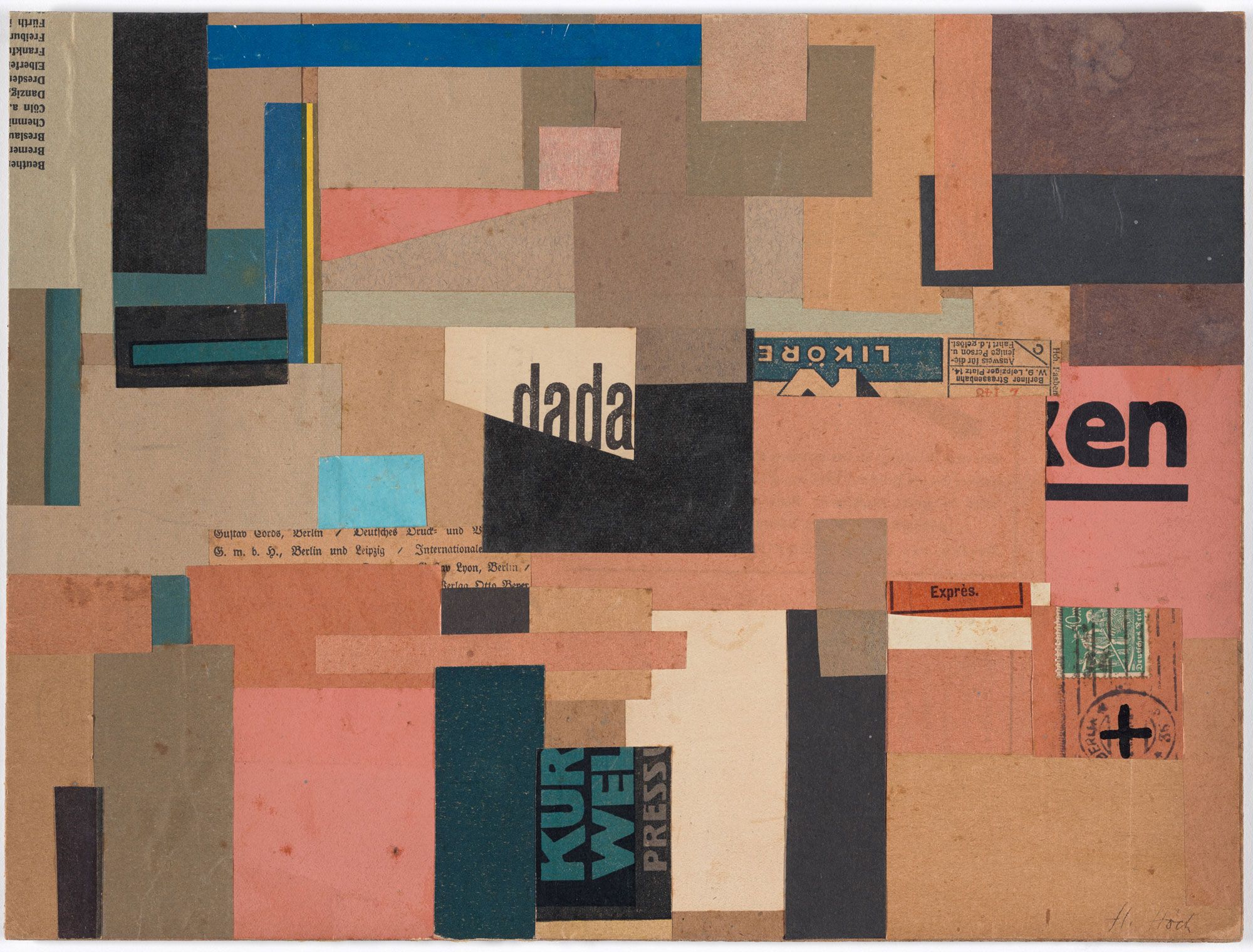 Geometric collage made of overlapping paper rectangles and newspaper fragments, including the word “dada,” in muted pink, tan, blue, and black tones