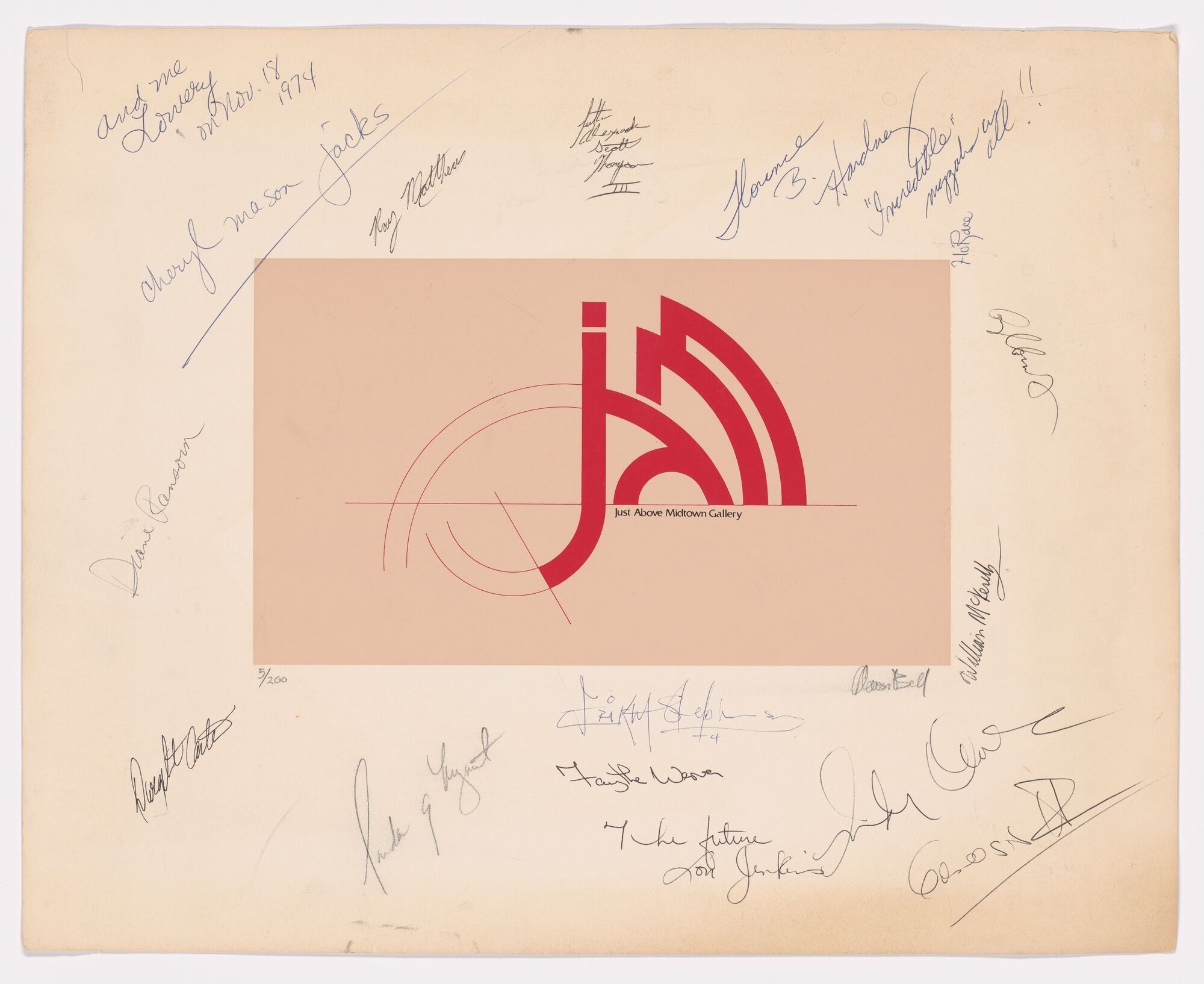 Aaron Bell. Souvenir print marking the inauguration of Just Above Midtown, signed by individuals involved with the gallery at the time. 1974. Edition: 200