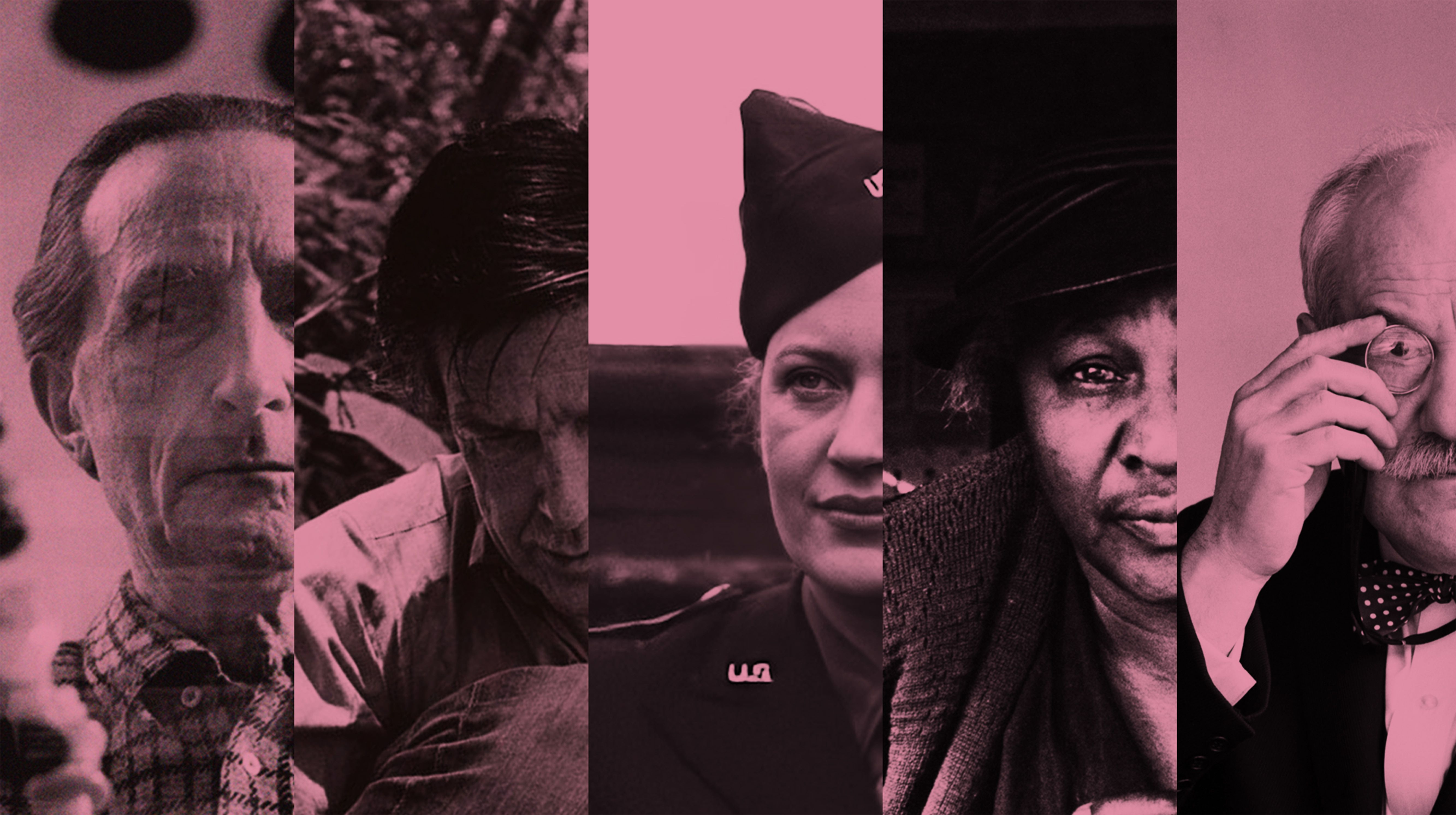 A collage of portraits shows five individuals’ faces, split vertically, with a monochromatic reddish-brown filter. The portraits are arranged side by side, creating a fragmented, diverse representation of people.
